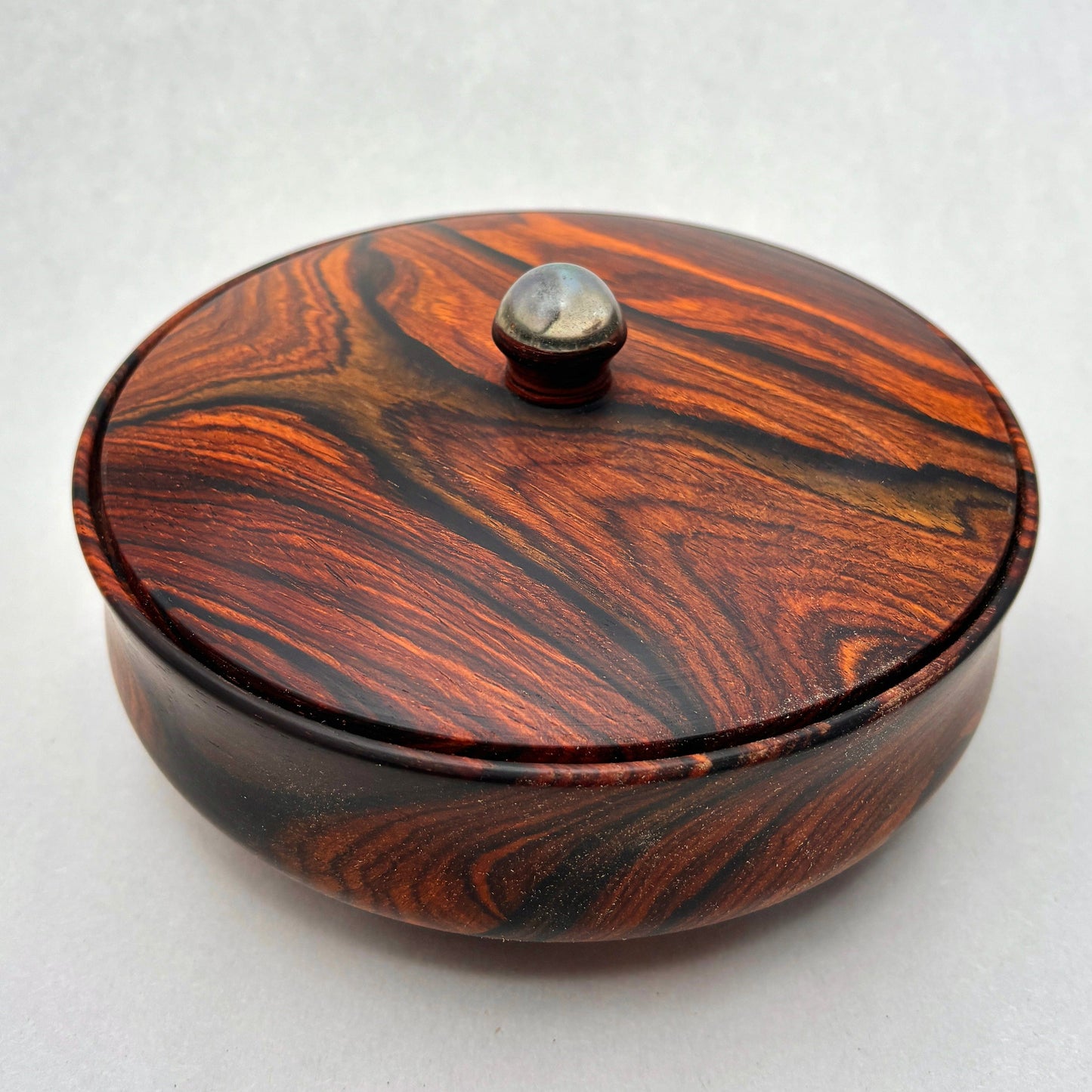 Hand Turned Wooden Box Laughing Moon Consignment Cocobolo wood w/Abalone : 6" x 3.25"
