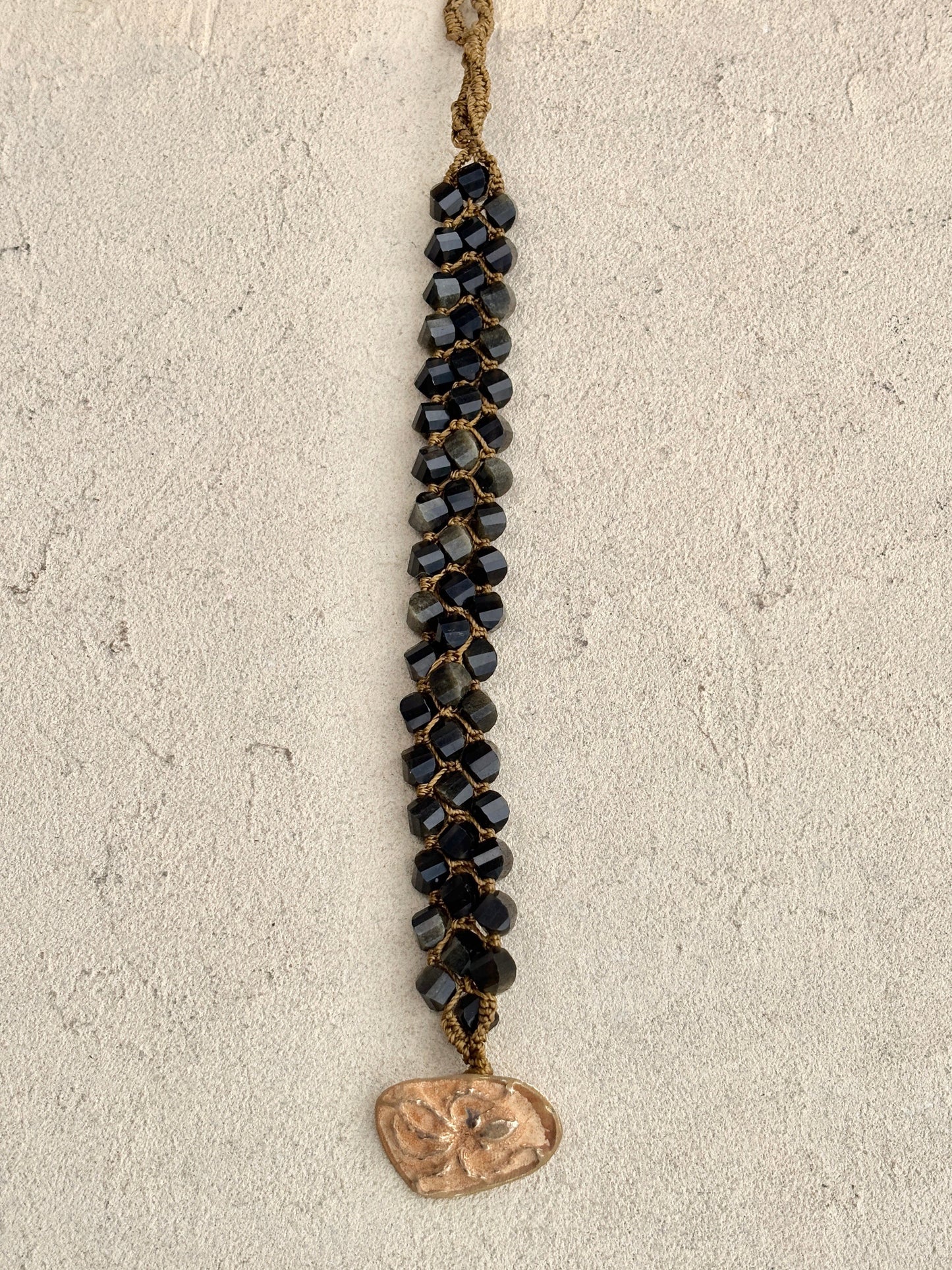 Hand Woven 3-Row Precious Stone Bracelets- Bronze buttons Heidi Duran Inventory Obsidian with Octopus
