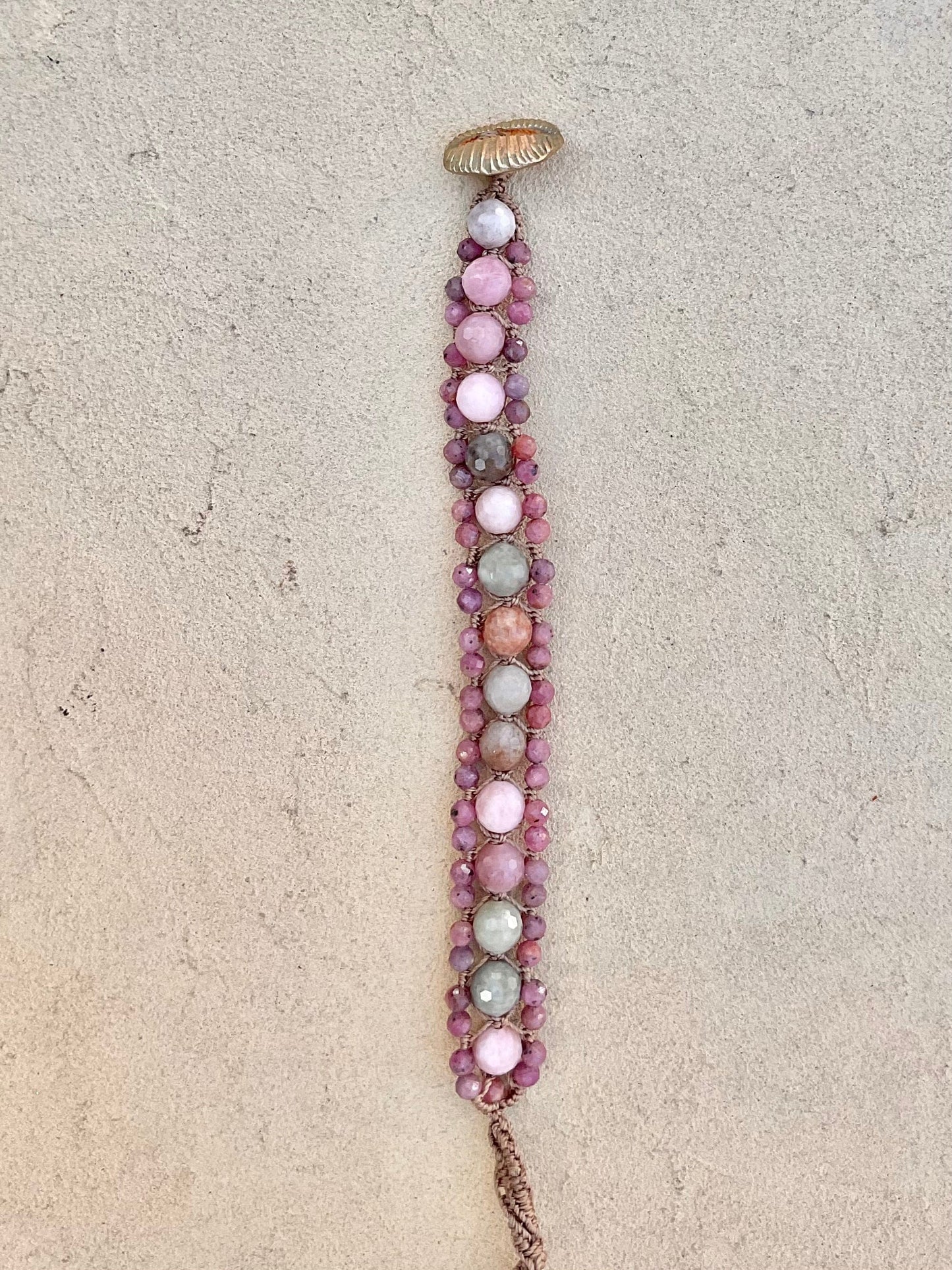 Hand Woven 3-Row Precious Stone Bracelets Heidi Duran Inventory Rhodonite w/Cowry Shell button