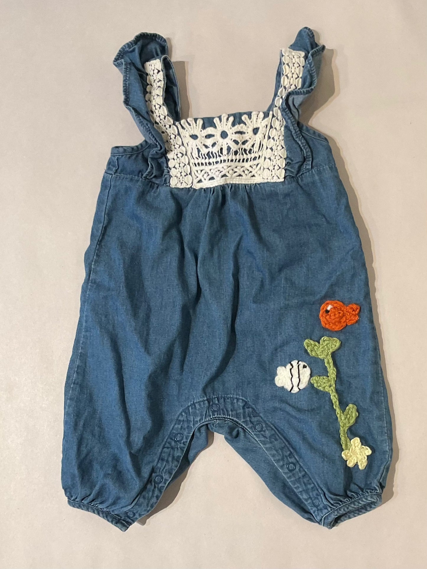 Infant/Toddler Overalls with Crocheted Fish K Hawthorne Consignment 0-3mo. Denim and White Lace