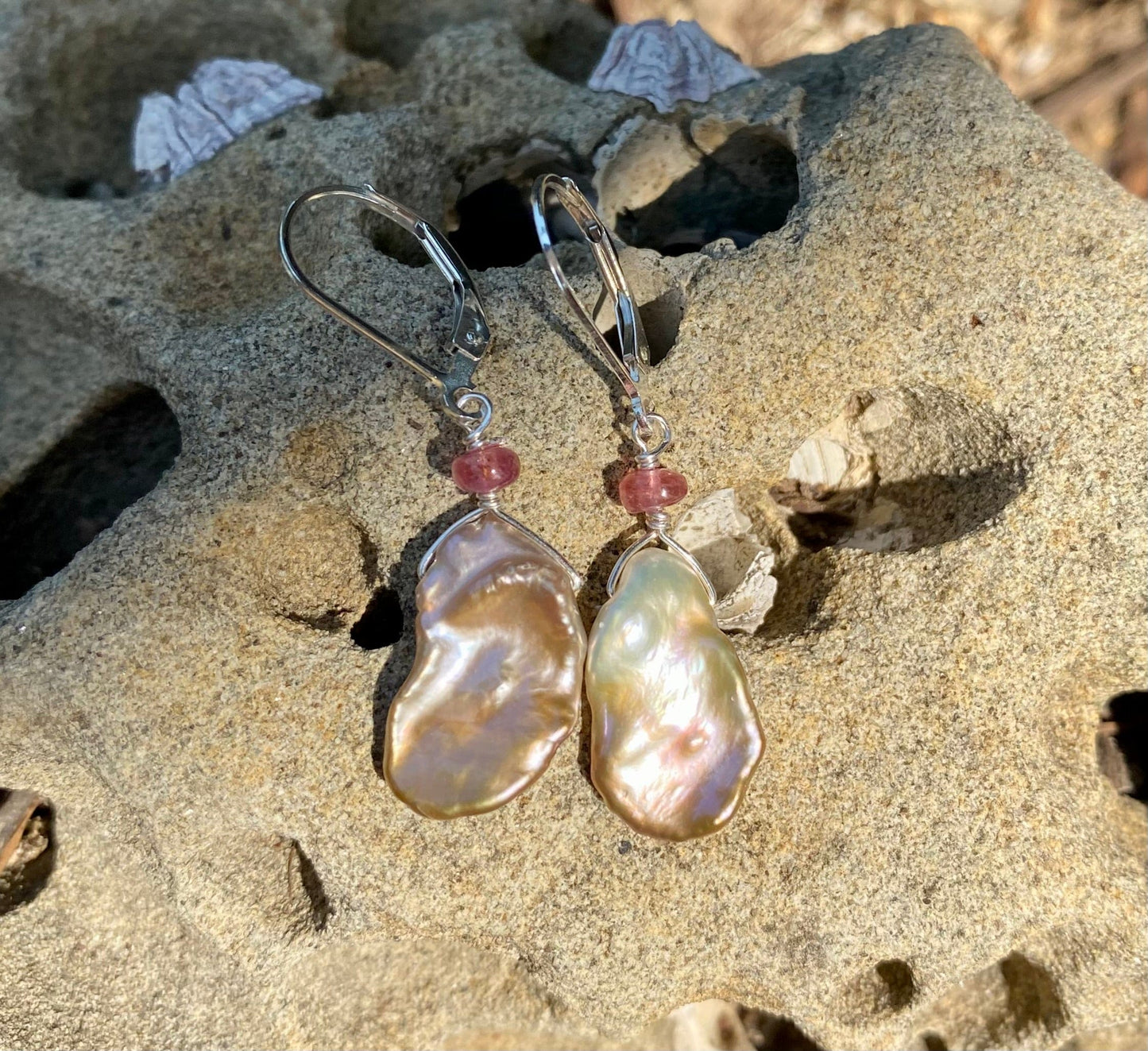 Keshi Pearl with Semi-precious Stone Earrings - Sterling Amy Jahn Inventory with Pink Tourmaline