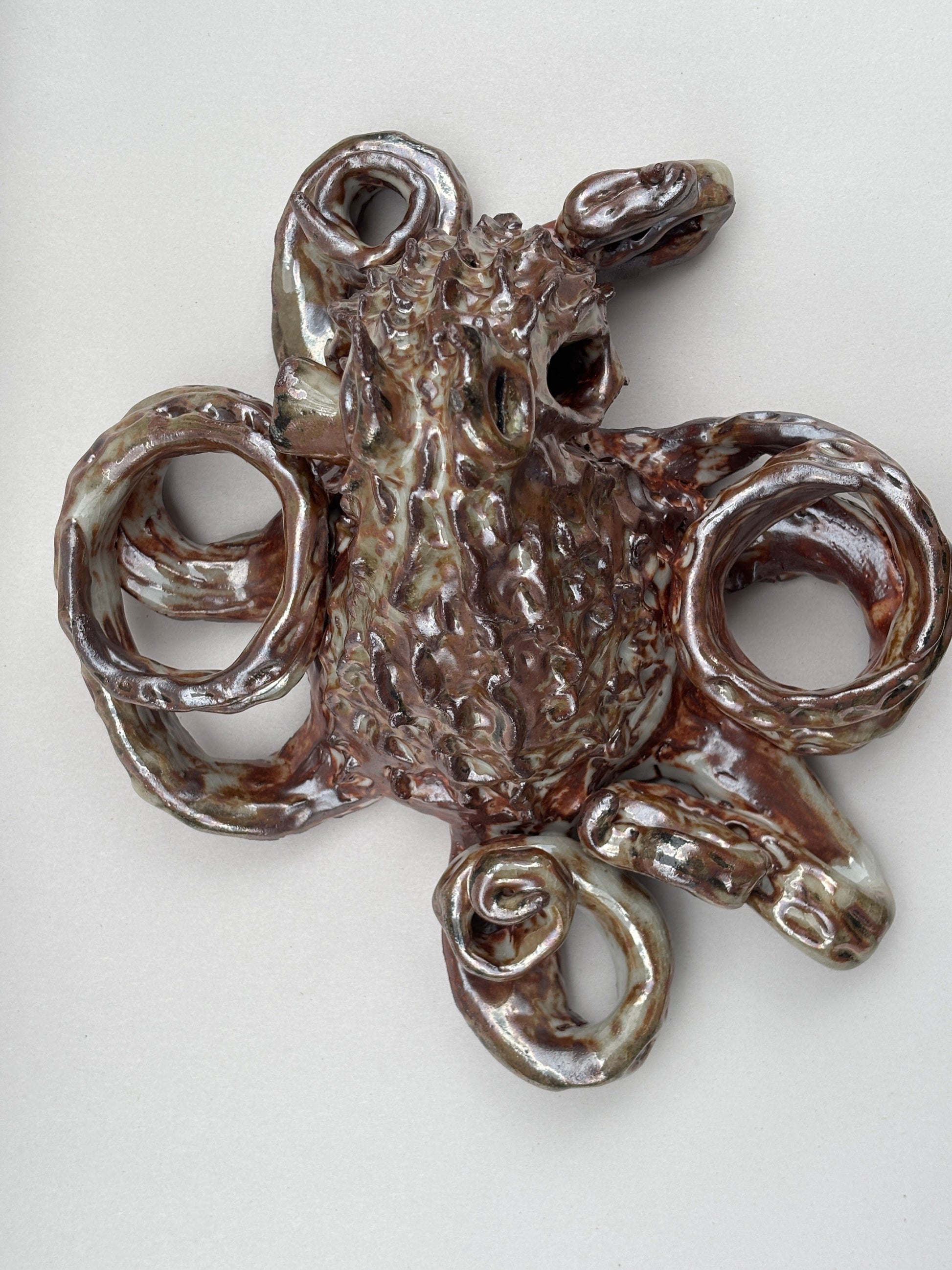 Large Hand Built Ceramic Metallic Brown Octopus Sculpture Yen Joy Consignment