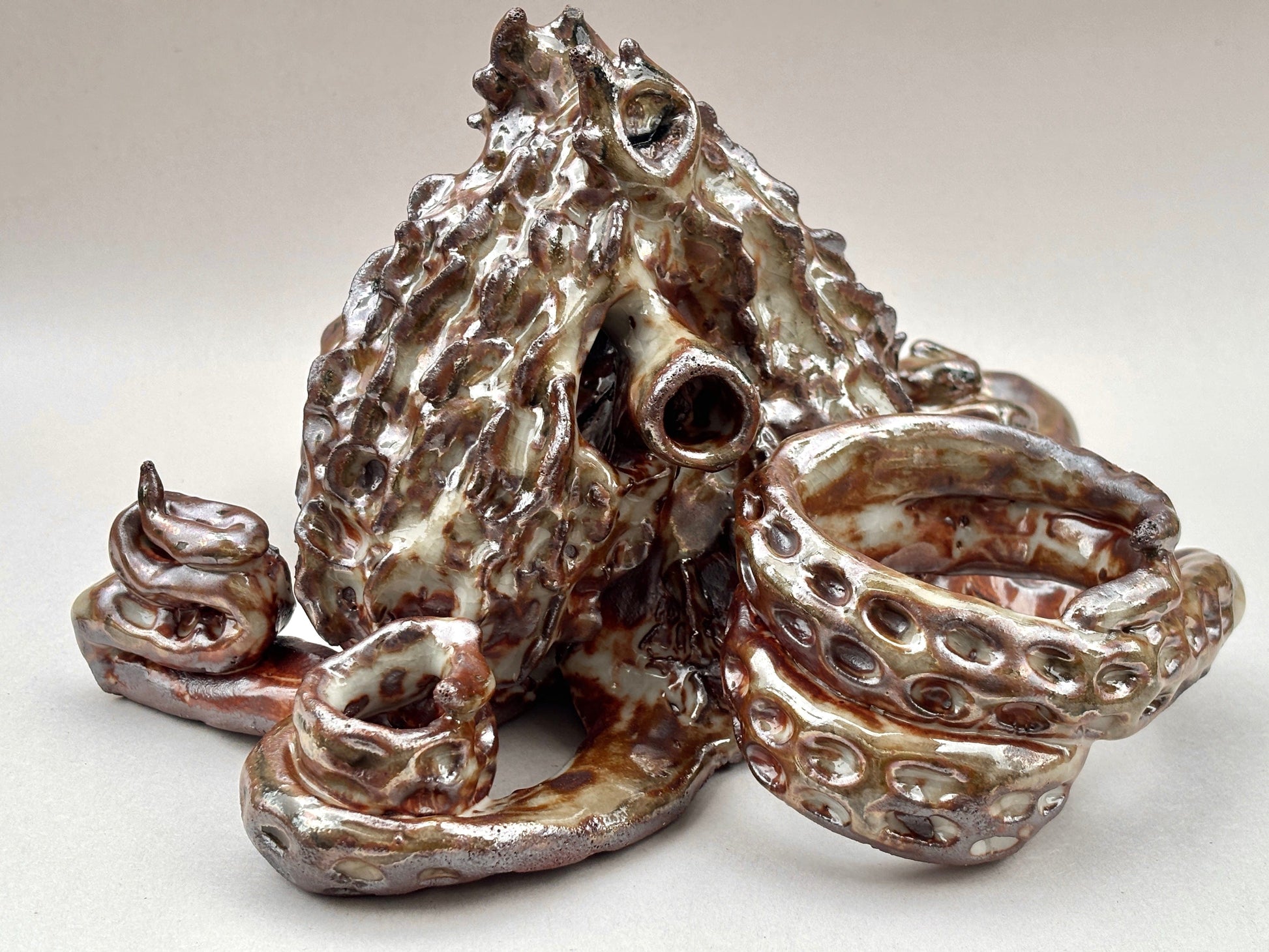 Large Hand Built Ceramic Metallic Brown Octopus Sculpture Yen Joy Consignment