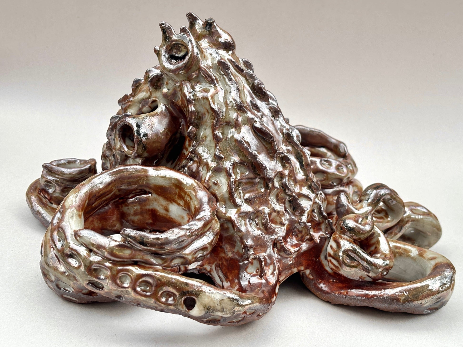 Large Hand Built Ceramic Metallic Brown Octopus Sculpture Yen Joy Consignment