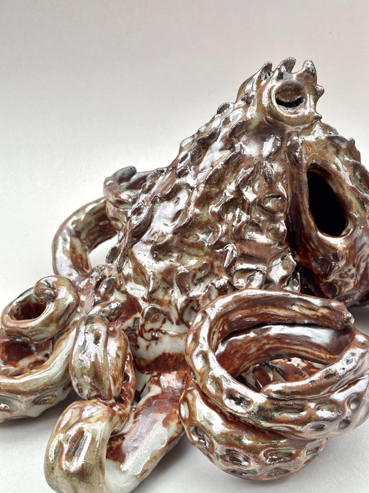 Large Hand Built Ceramic Metallic Brown Octopus Sculpture Yen Joy Consignment
