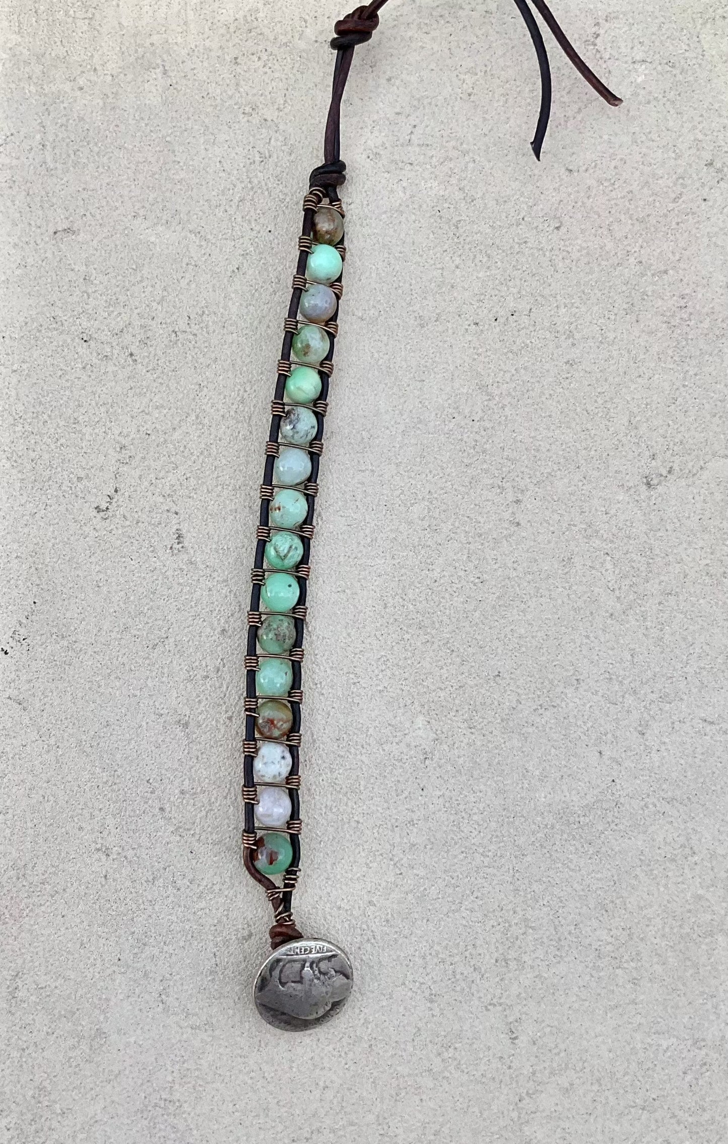 Large - Semi-precious Stone Leather Bracelets Heidi Duran Inventory Chrysoprase - Brown leather