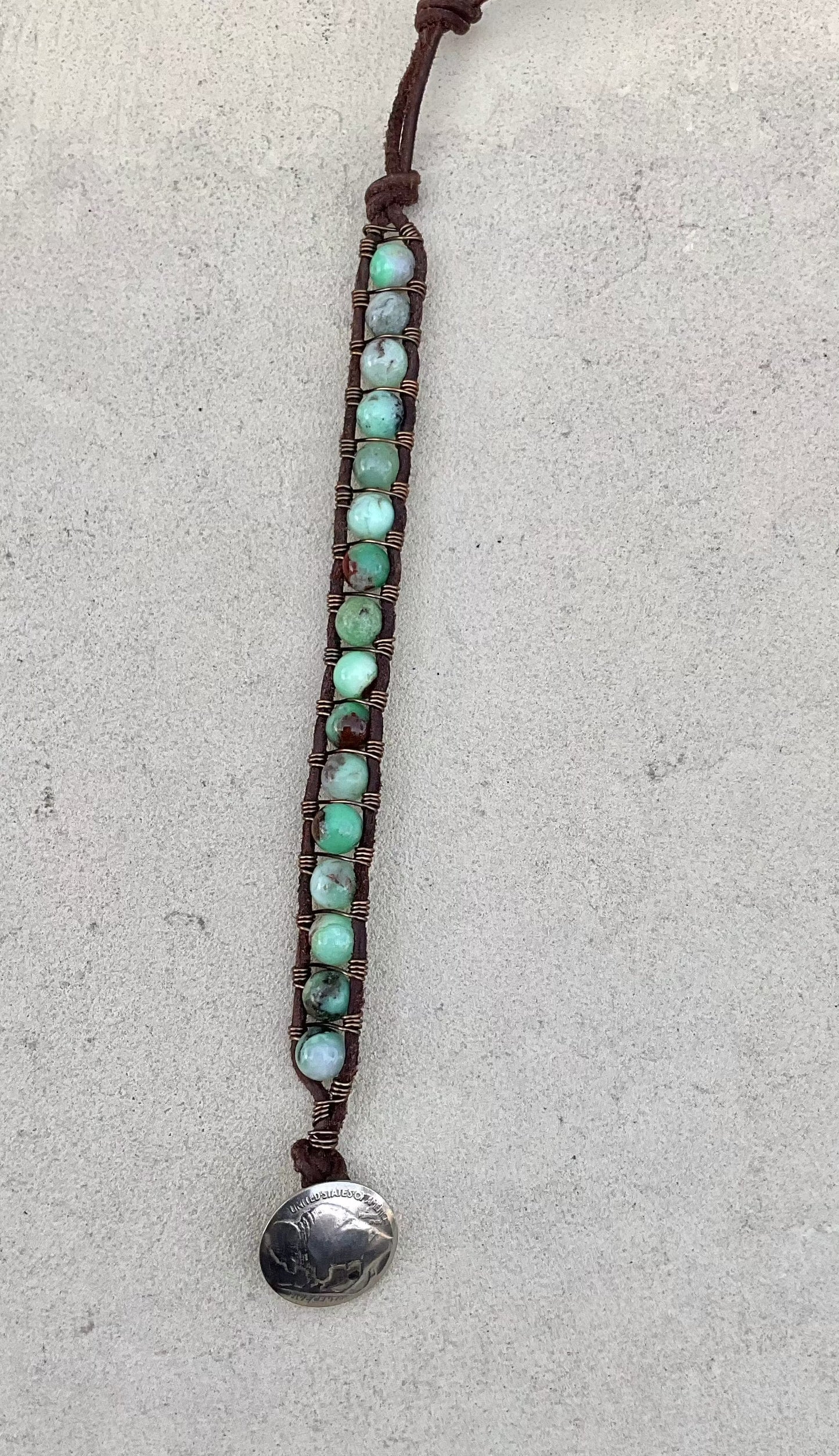 Large - Semi-precious Stone Leather Bracelets Heidi Duran Inventory Chrysoprase - Brown Suede leather