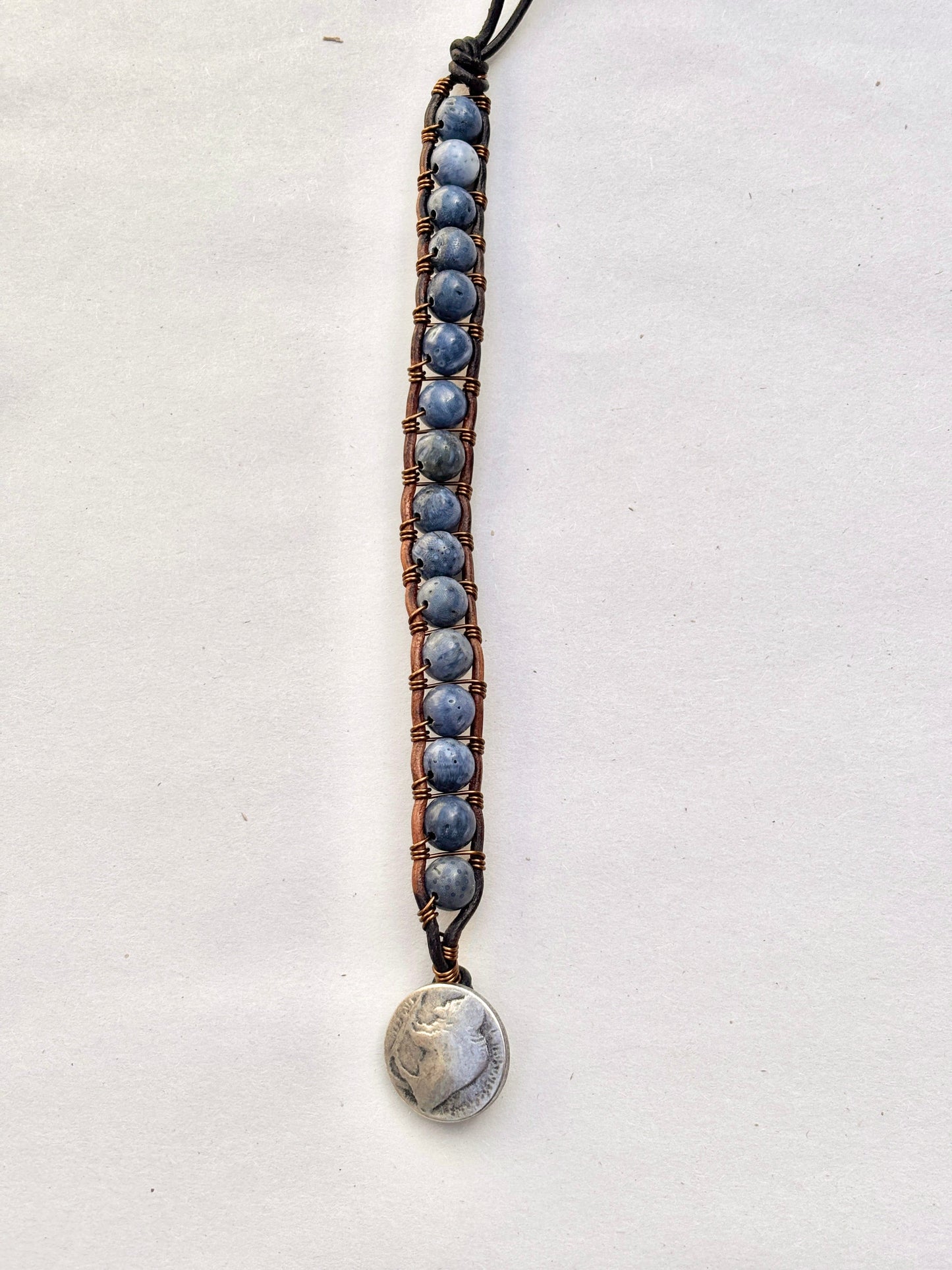 Large - Semi-precious Stone Leather Bracelets Heidi Duran Inventory Fossilized Blue Coral