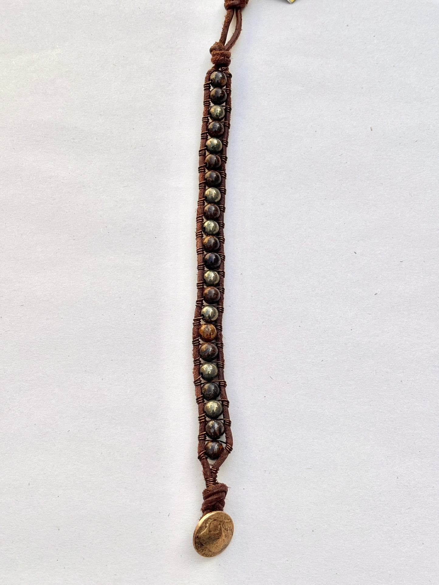 Large - Semi-precious Stone Leather Bracelets Heidi Duran Inventory Pyrite & Bronzite