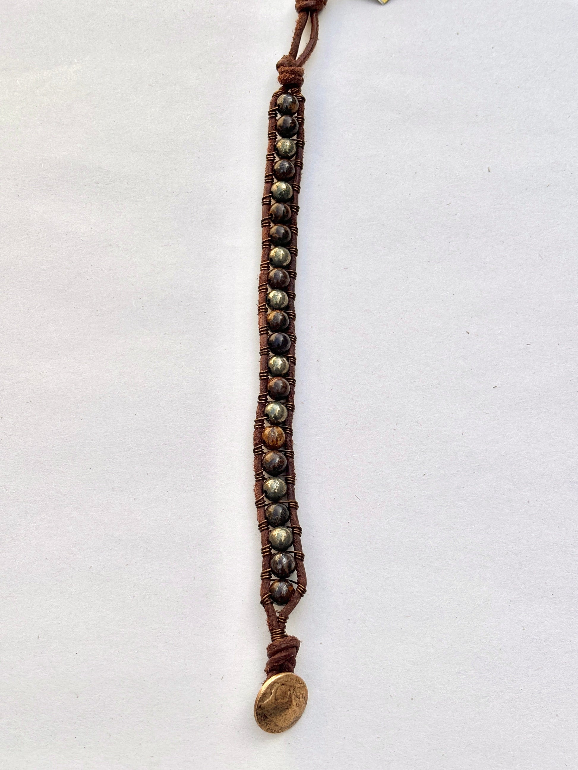 Large - Semi-precious Stone Leather Bracelets Heidi Duran Inventory Pyrite & Bronzite