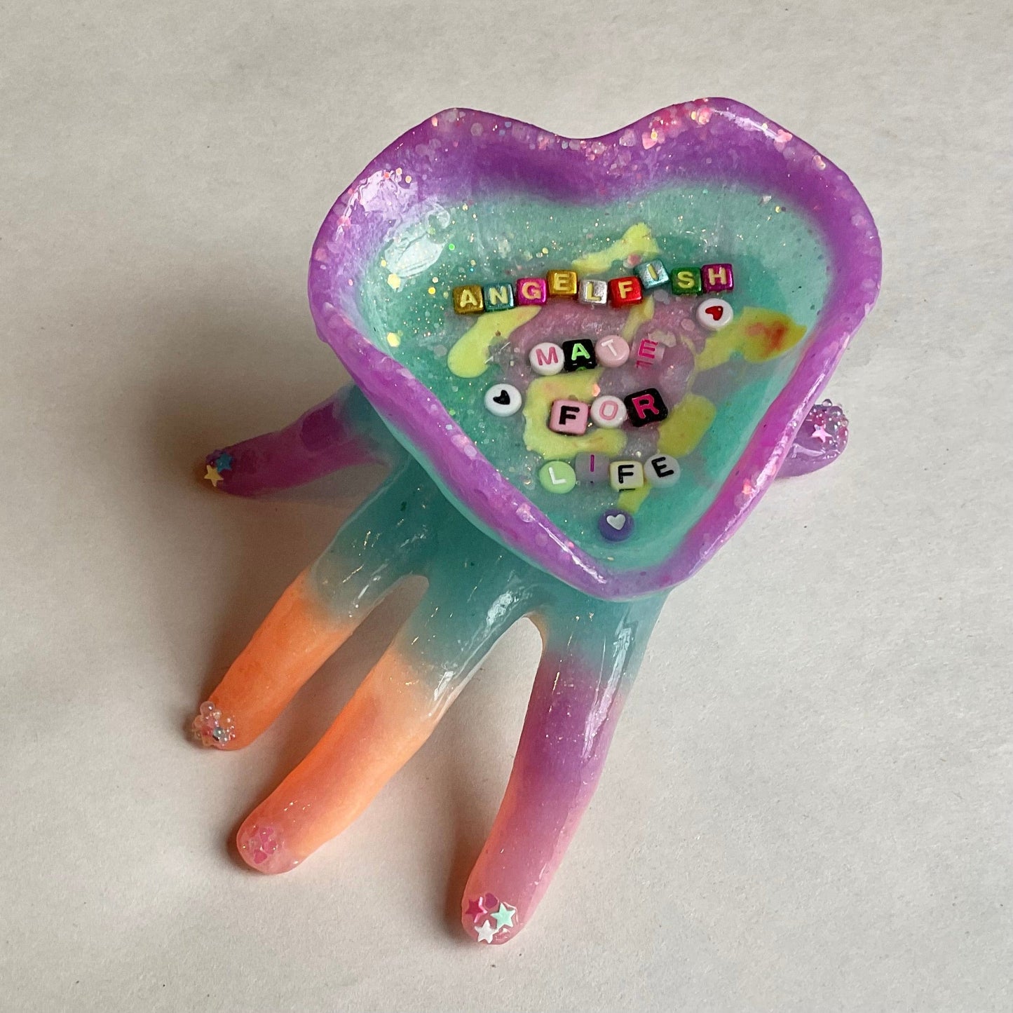 "Mermaid Feels" Resin Hand Sculpture Dishes with Ocean Quotes Andrea Forbush Consignment "ANGELFISH MATE FOR LIFE"