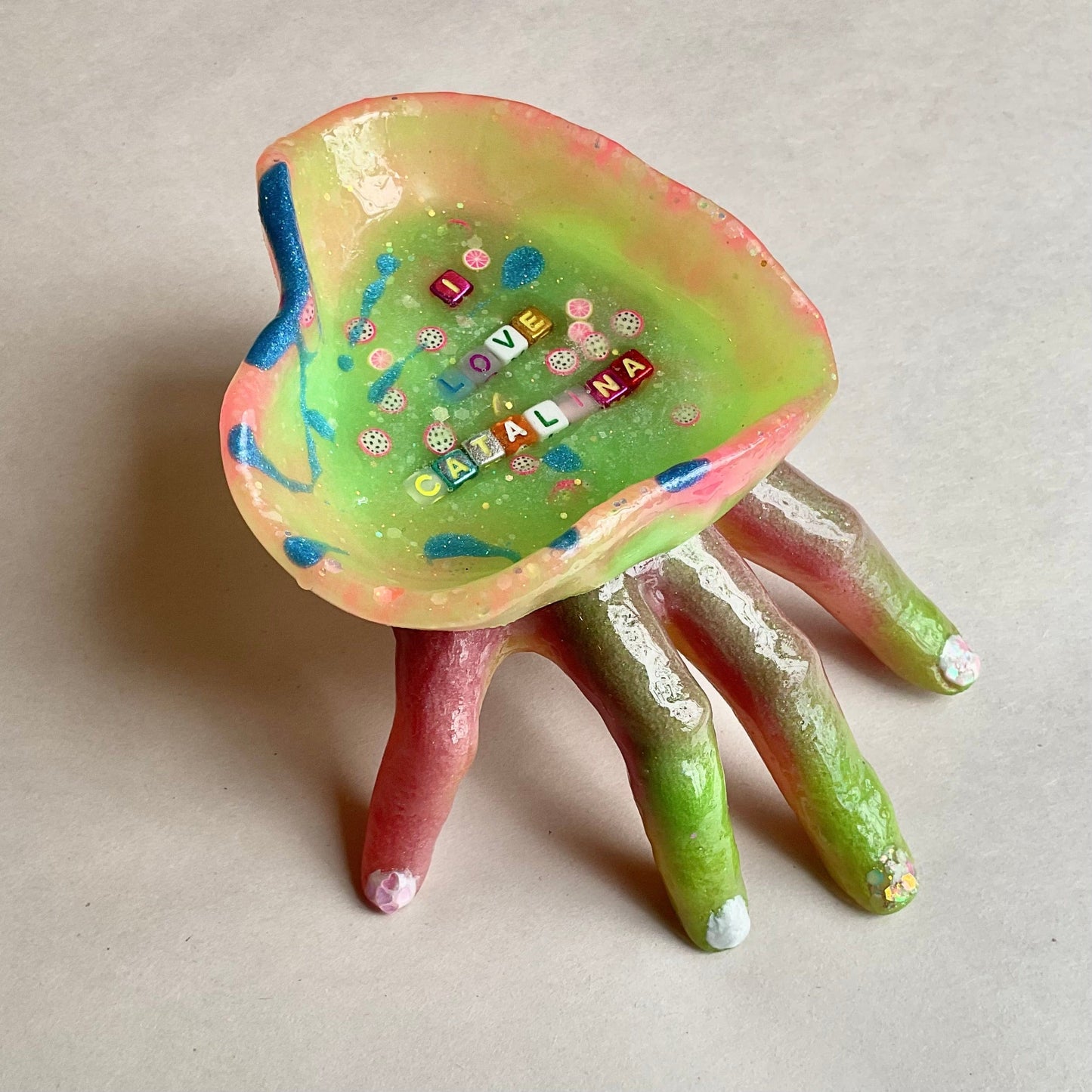 "Mermaid Feels" Resin Hand Sculpture Dishes with Ocean Quotes Andrea Forbush Consignment "I LOVE CATALINA"