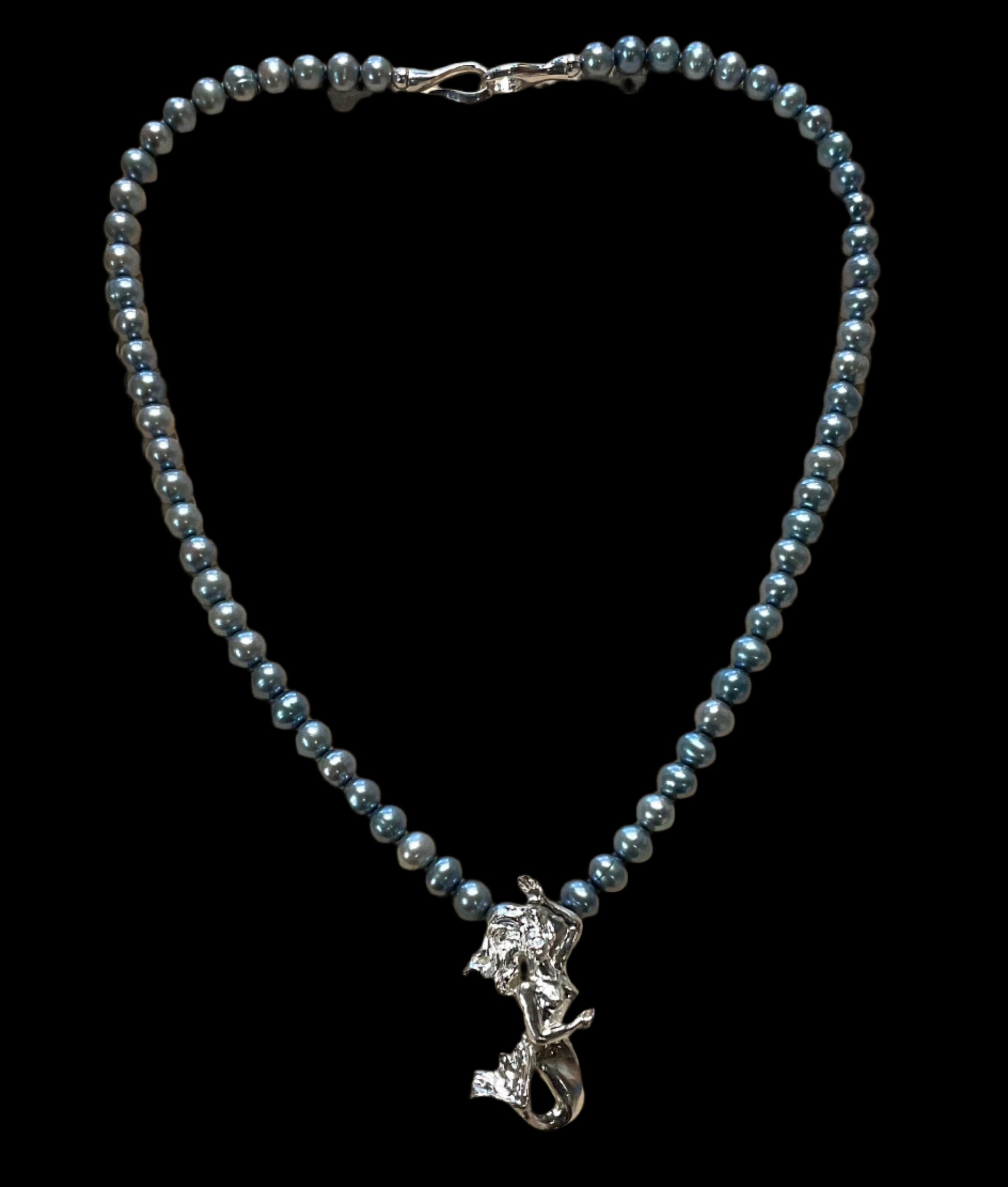 Mermaid Pendant on Freshwater Pearl Necklace Michiko Consignment ROUND  WITH SILVER UNDERTONE