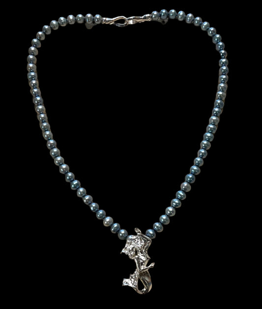 Mermaid Pendant on Freshwater Pearl Necklace Michiko Consignment ROUND  WITH SILVER UNDERTONE
