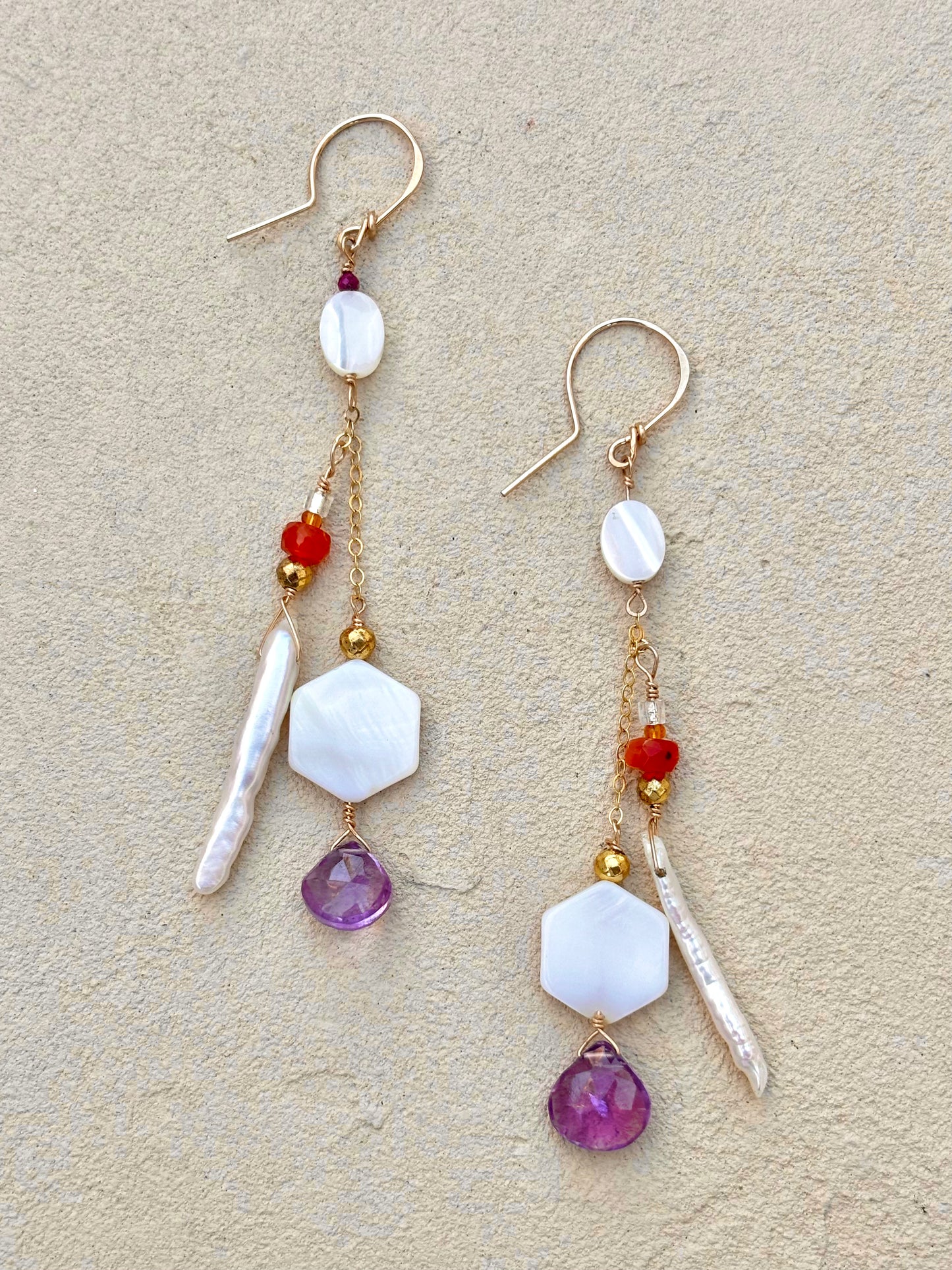 Mother of Pearl, Amethyst and Carnelian 14K GF Earrings Elise Peters Inventory