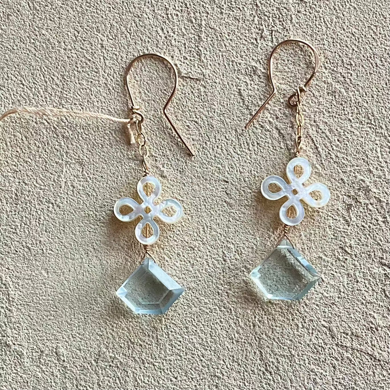 Mother of Pearl with Semi-Precious Stone Earrings Elise Peters Inventory 2.5" Aquamarine and Mother of Pearl