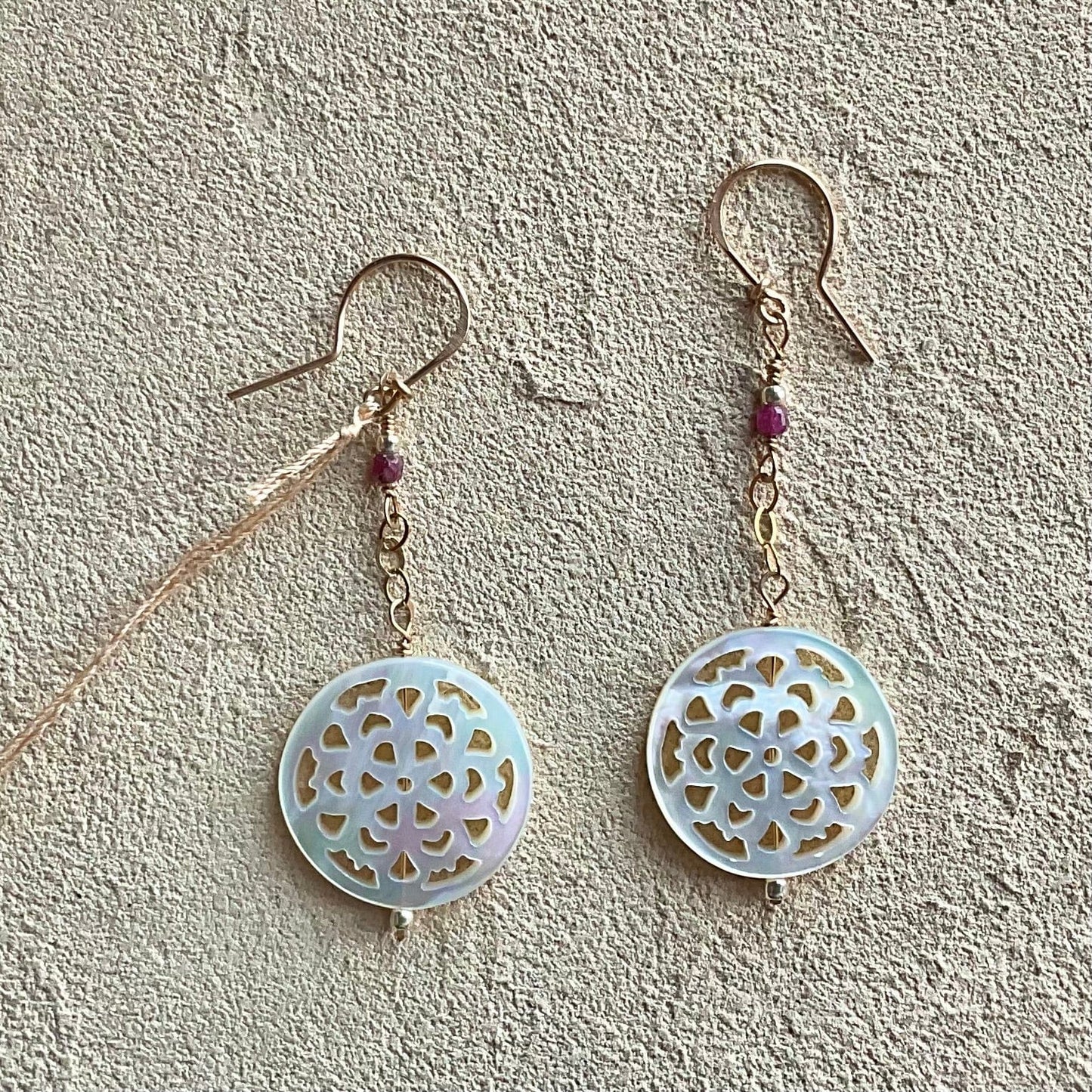 Mother of Pearl with Semi-Precious Stone Earrings Elise Peters Inventory 2.5" Ruby and Mother of Pearl