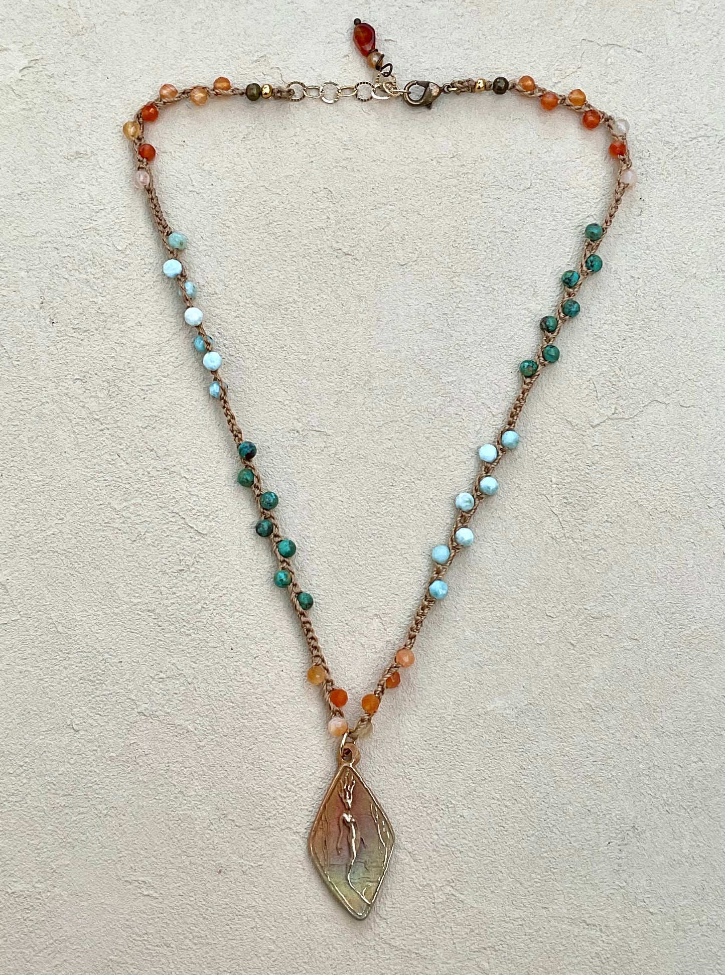 New! Mini Bronze Casino Mermaid on Short Beaded Necklaces Heidi Duran Inventory Larimar Citrine and Turq. (17"/18")