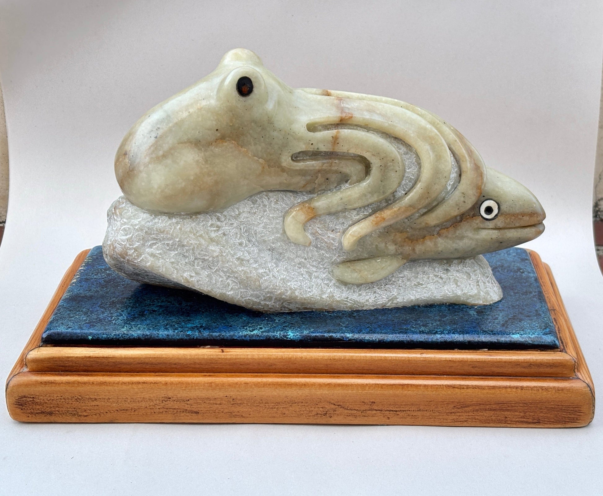 "Octopus and Fish" Alabaster Stone Sculpture Will Richards Consignment