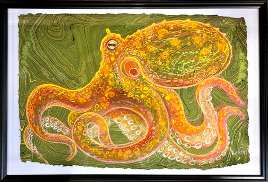 "Orange Octo-Pastel" Original Pastel Drawing - Framed Stephen Holman
