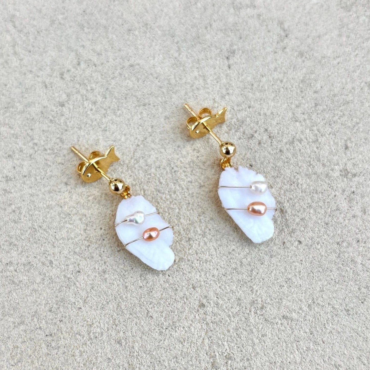 Otolith and Pearl Drop Earrings Magdalena Consignment 14K Gold Wire Wrapped with DOUBLE Pearls