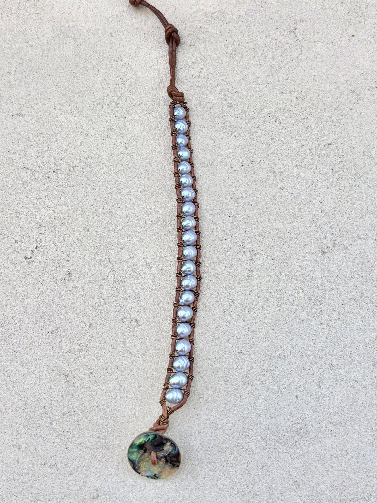"Pearl: Treasure of the Sea" Bracelets Heidi Duran Inventory Gray Pearls - Brown Leather