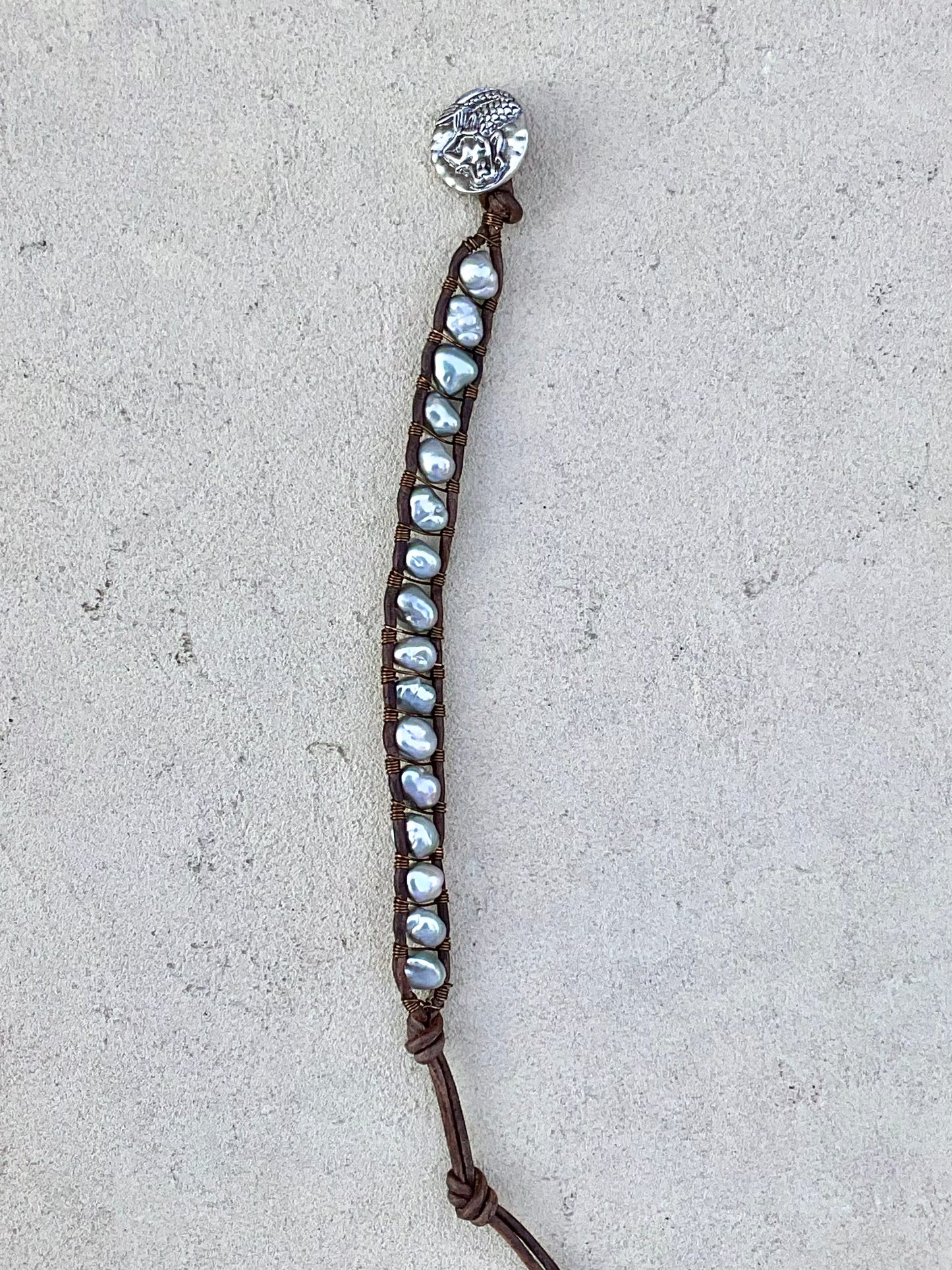 "Pearl: Treasure of the Sea" Bracelets Heidi Duran Inventory Keshi Gray Pearls - Brown Leather