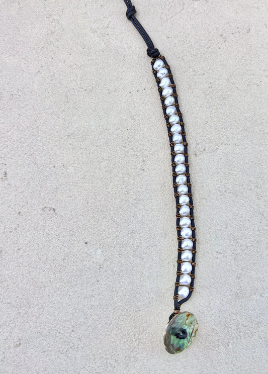 "Pearl: Treasure of the Sea" Bracelets Heidi Duran Inventory White Pearls - Black Leather