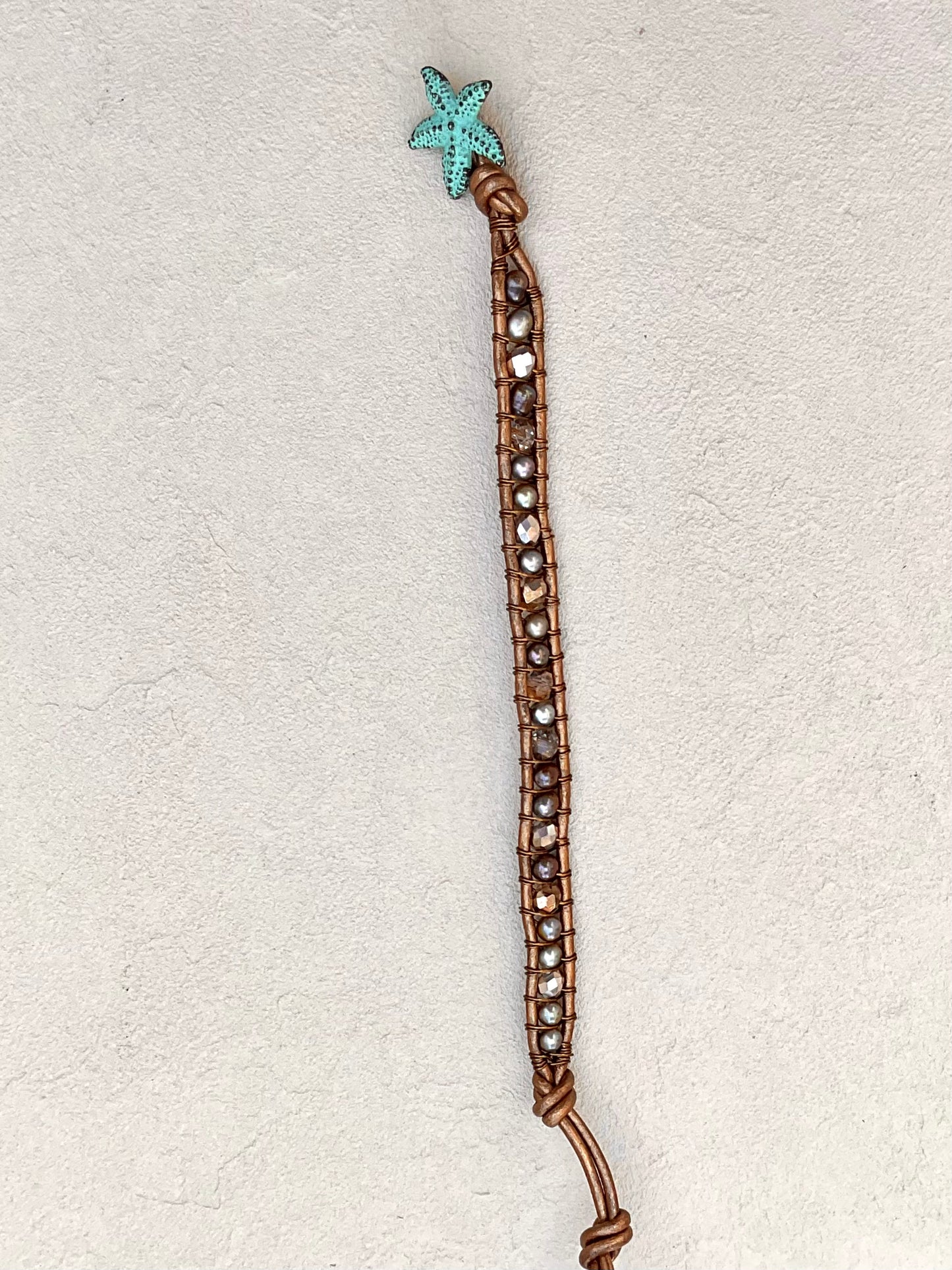 "Pearl: Treasure of the Sea" Leather Bracelets Heidi Duran Inventory Bronze Pearls and Swarovskis