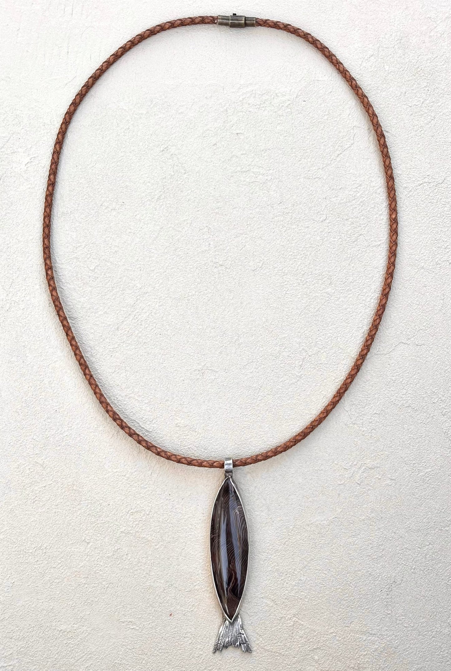 Petrified Wood Fish set in Sterling - Pendant on Leather TERRY W. Consignment
