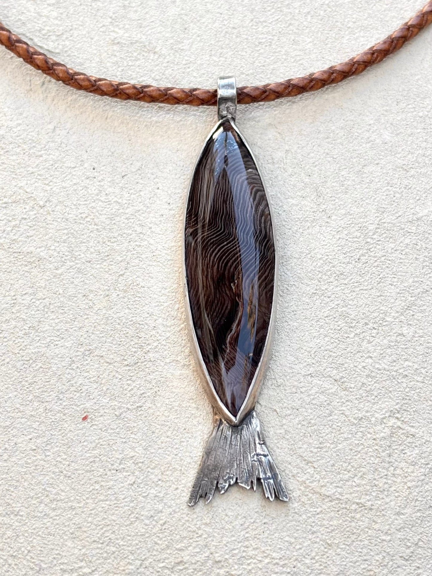 Petrified Wood Fish set in Sterling - Pendant on Leather TERRY W. Consignment