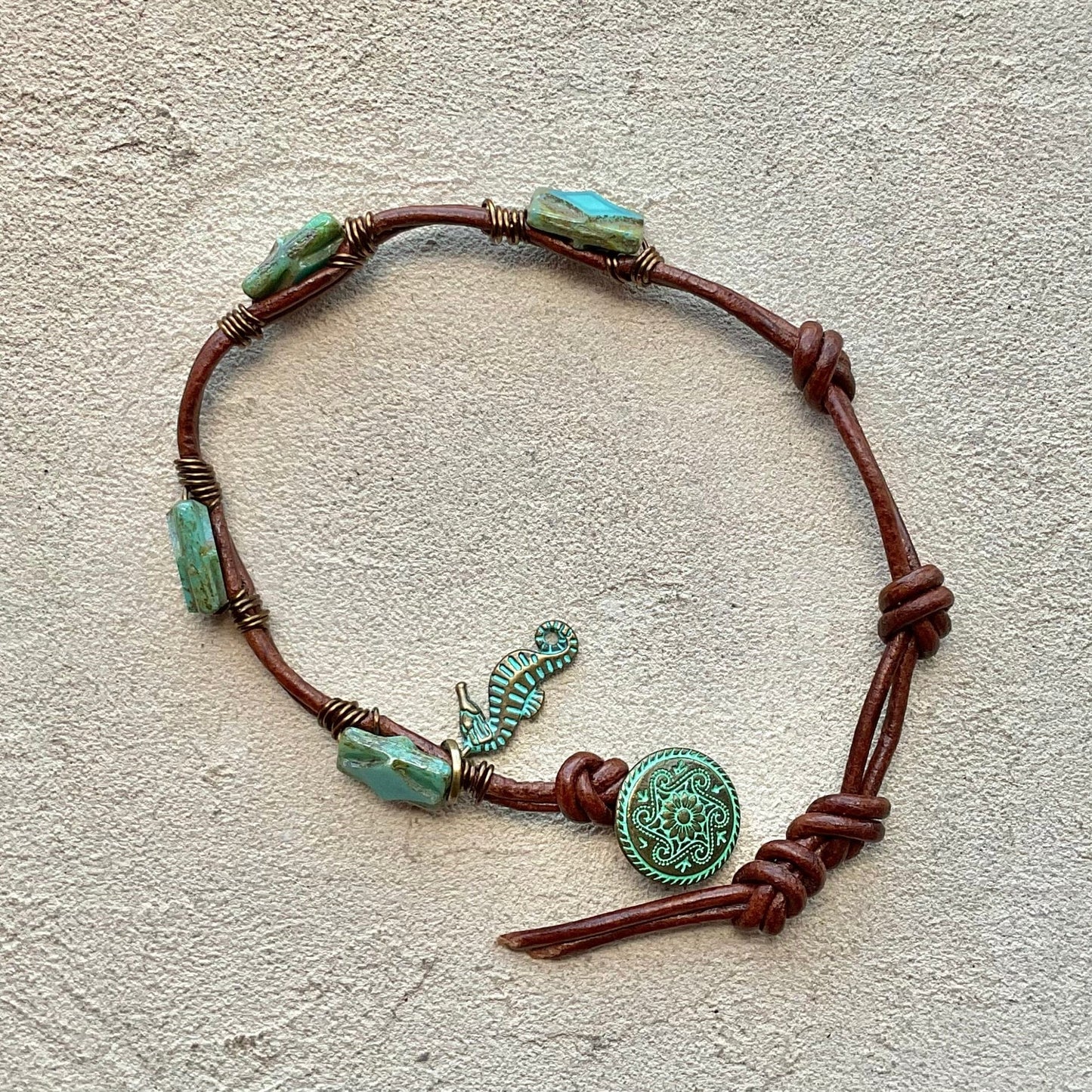 "Picasso" Bead Leather Bracelets Heidi Duran Inventory TEAL