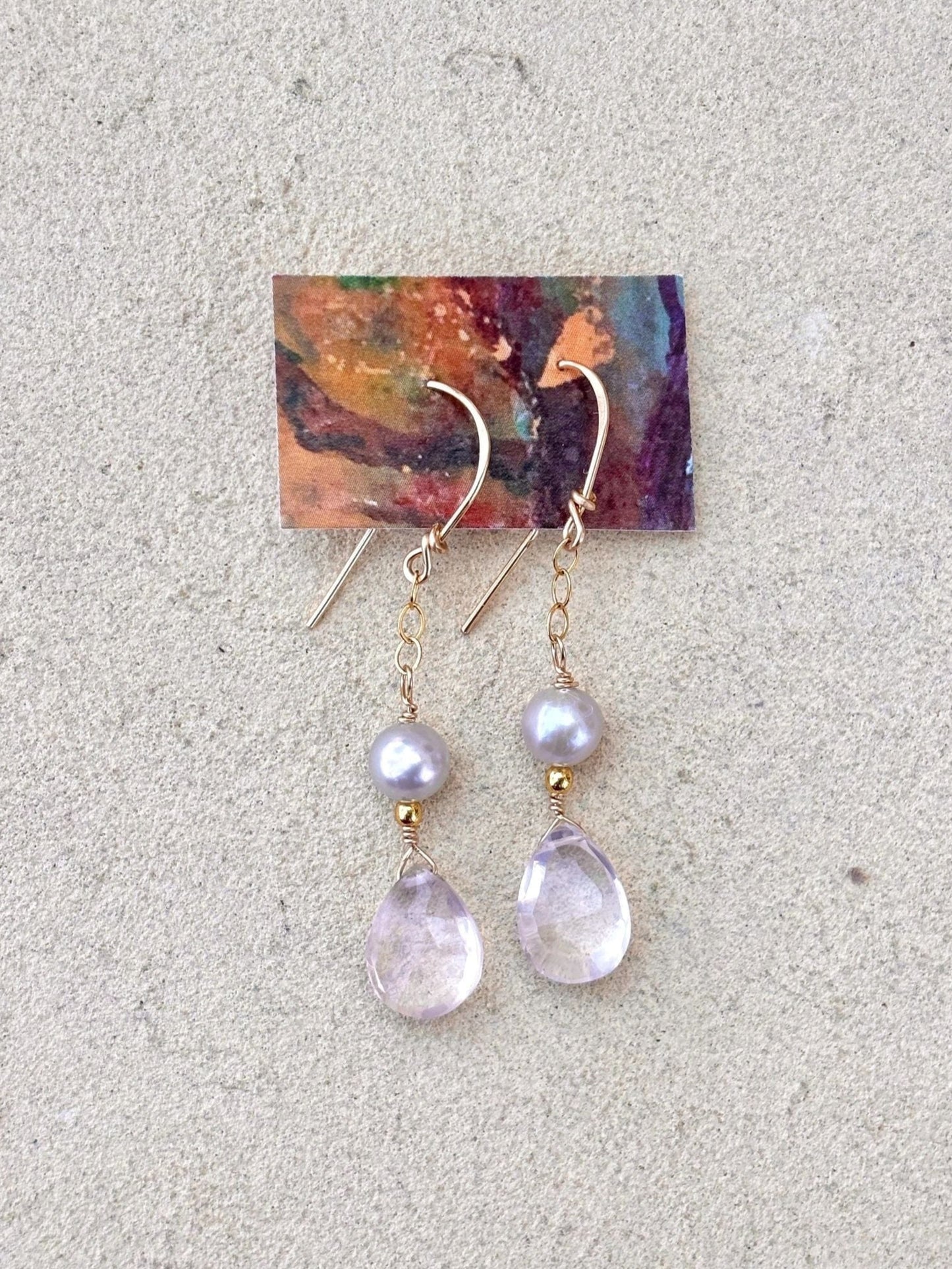 Pink Quartz 14K GF Earrings Elise Peters Inventory 1 7/8" Pink Quartz and Fresh Water Pearls