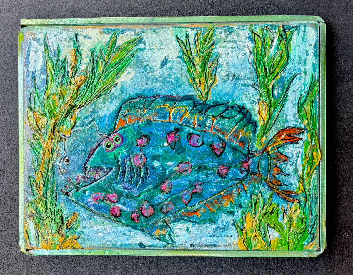 "Pink-Spotted Angler Fish" Painting on wood - Upcycled/Eco-Folk Art Rodrigo Consignment