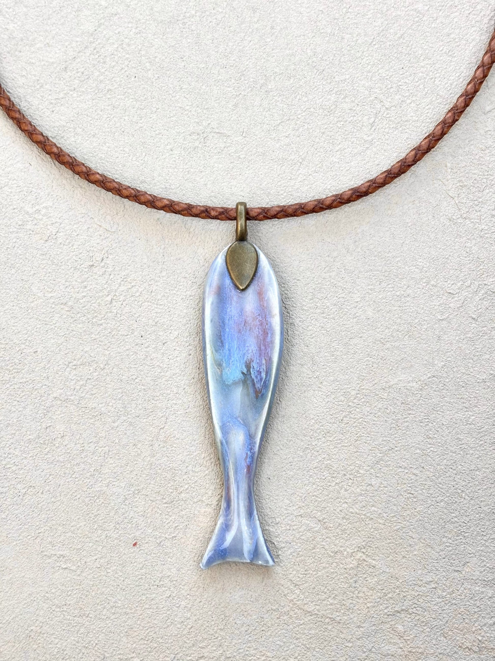 Porcelain Blue Fish - Pendant on Leather TERRY W. Consignment