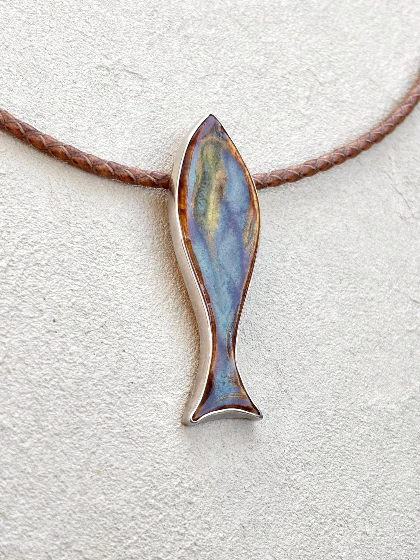 Porcelain Fish set in Sterling - Pendant on Leather TERRY W. Consignment