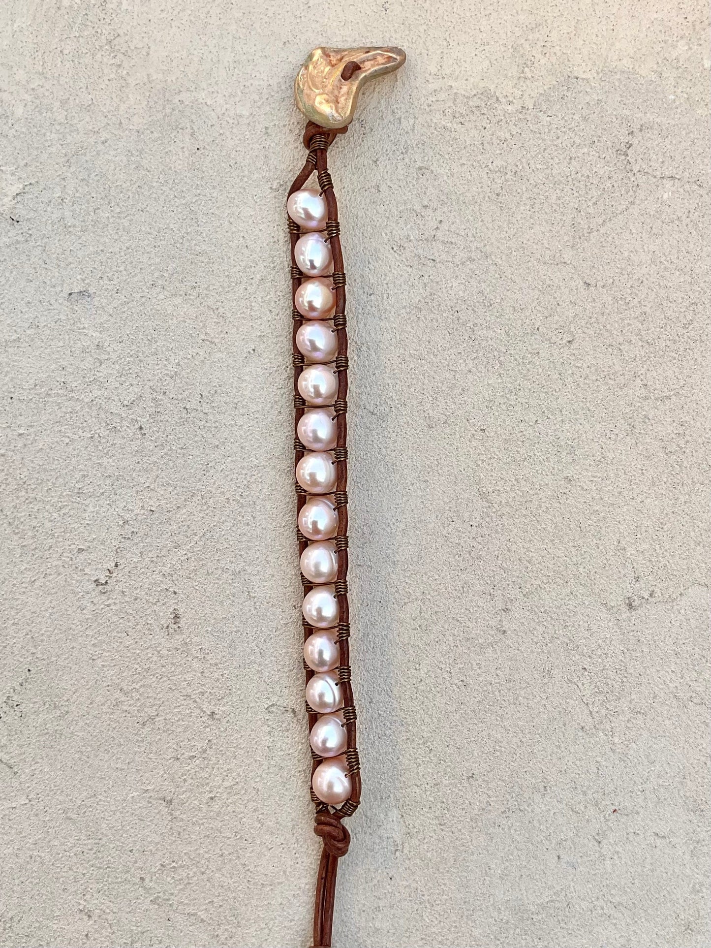 Precious Stone Bracelets with Handmade Bronze Button Heidi Duran Inventory Blush Pink Pearls w/Flying fish button