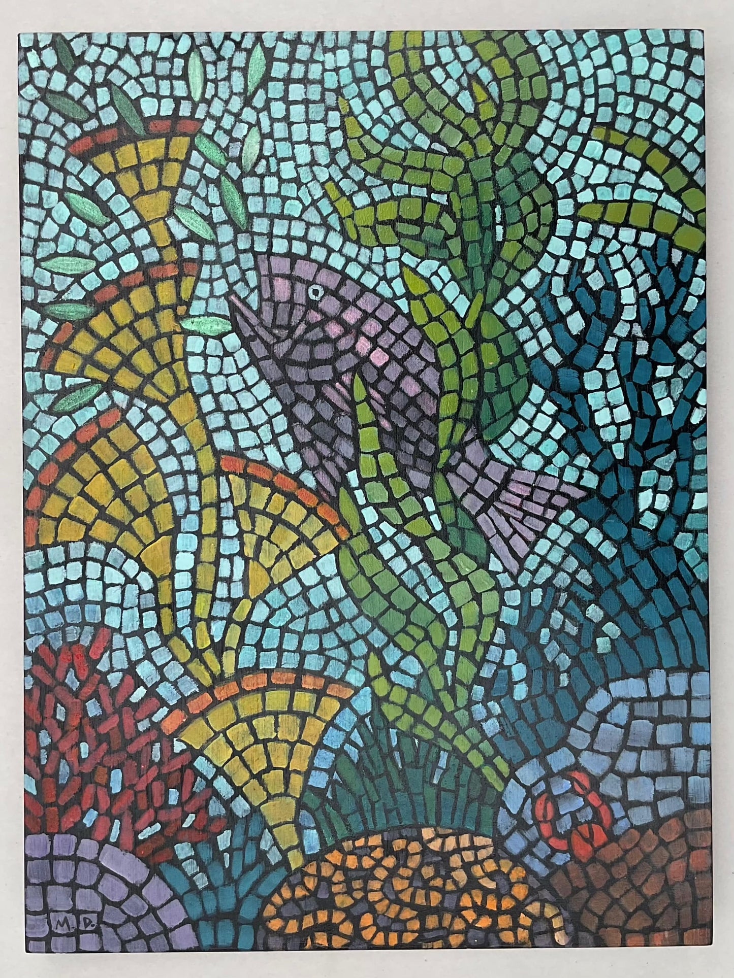 "Purple Fish" Original Mosaic Painting on Wooden Panel Marion Dies Consignment