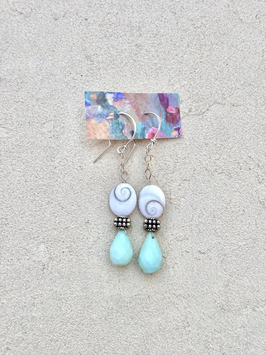Shell of Shiva 14K GF Earrings Elise Peters Inventory 2 1/8" Amazonite and Shell of Shiva
