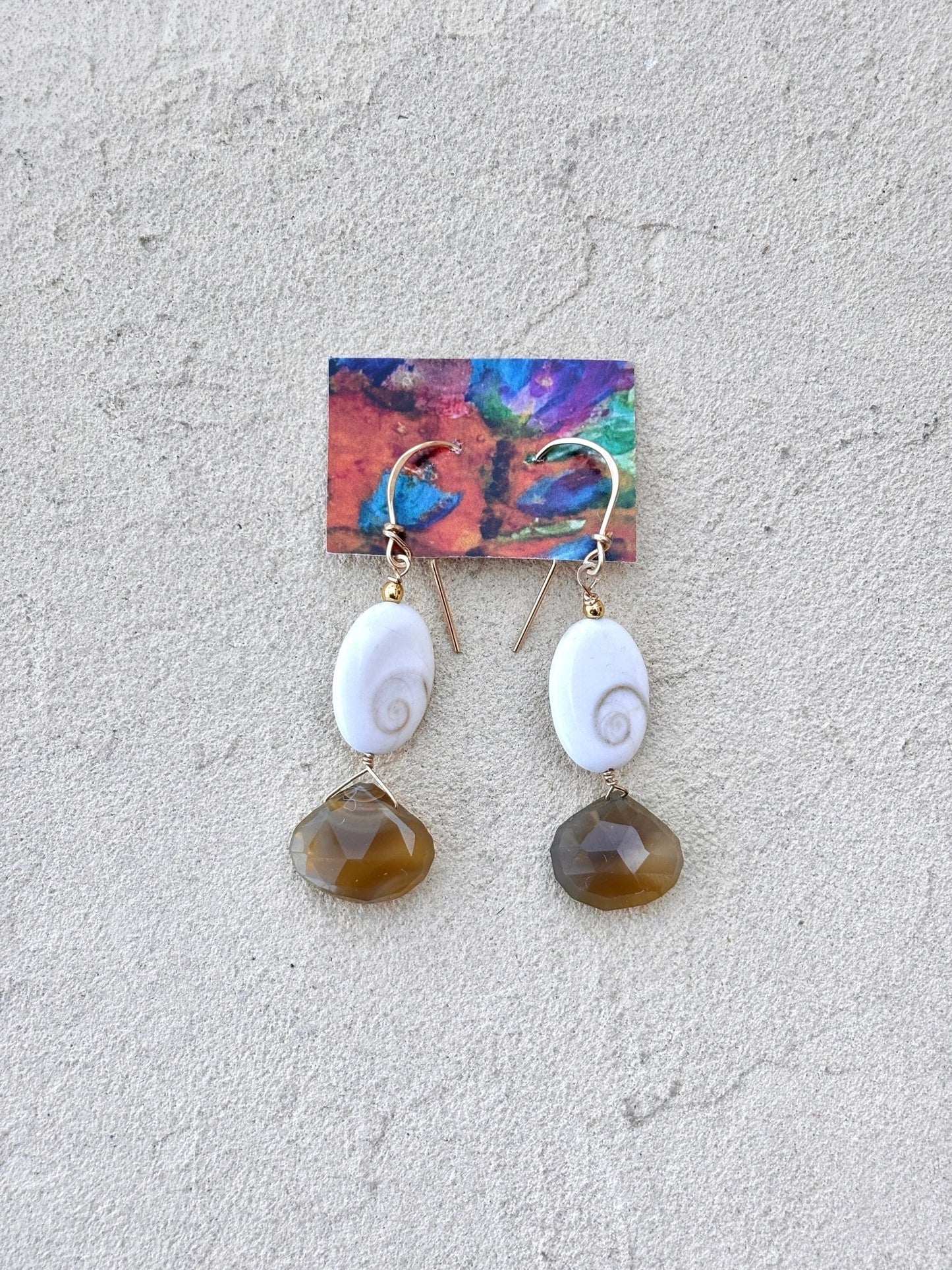 Shell of Shiva 14K GF Earrings Elise Peters Inventory 2" Chalcedony and Shell of Shiva