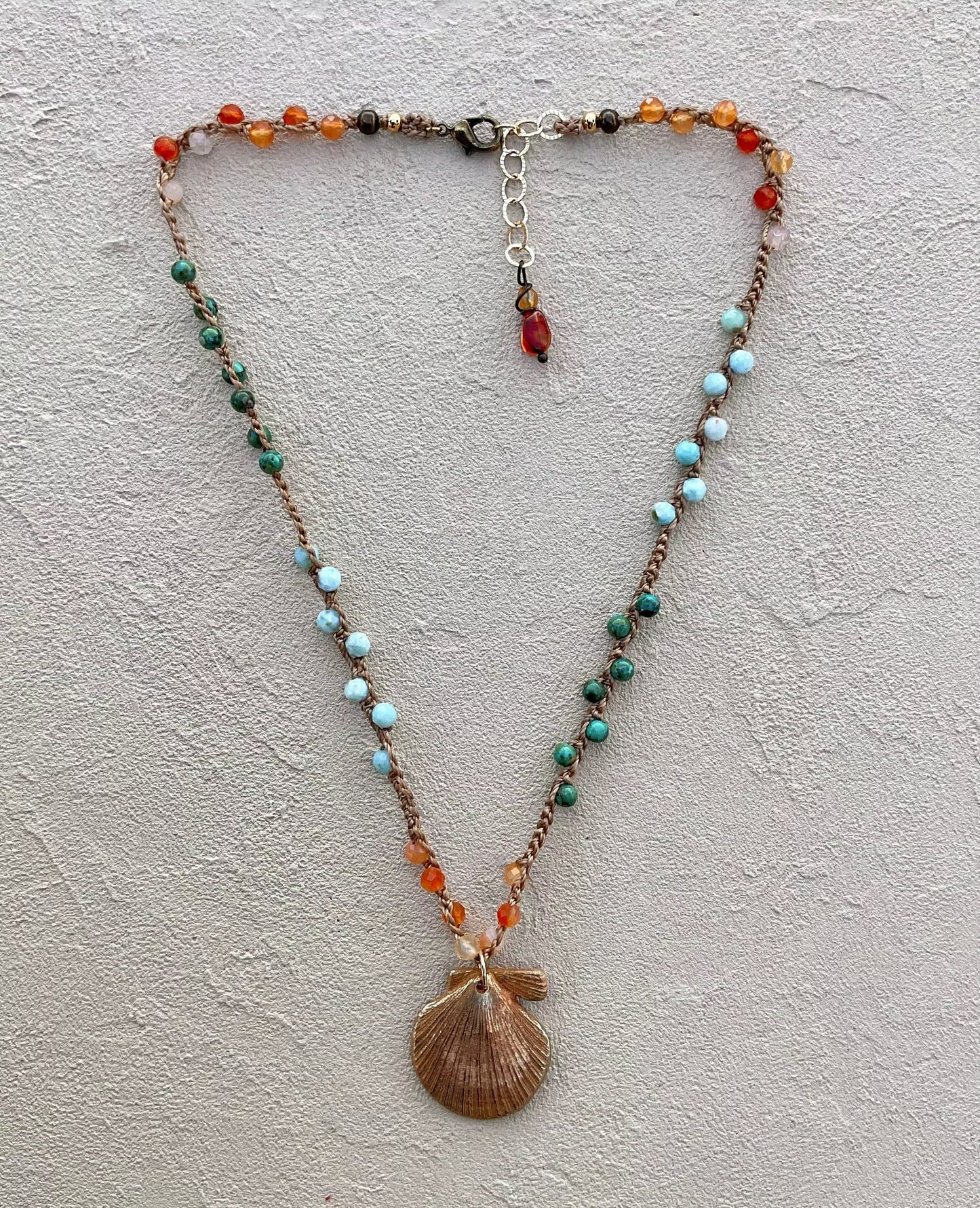Short Semi-Precious Stone Necklaces- Bronze Pendants (Assortment) Heidi Duran Inventory Fan Shell : Turq. Larimar and Citrine (16"/17")