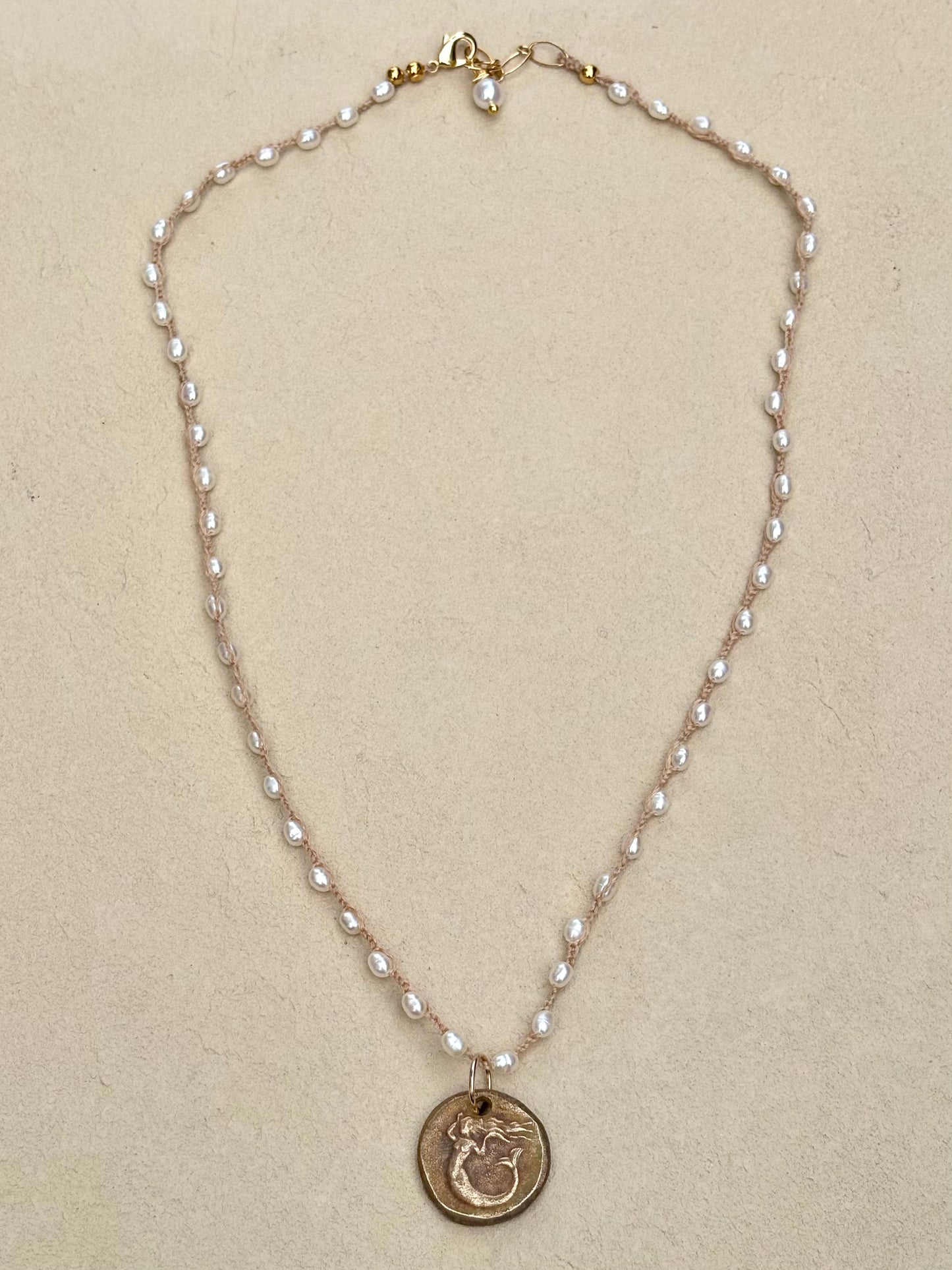 Short Semi-Precious Stone Necklaces- Bronze Pendants (Assortment) Heidi Duran Inventory Mermaid Charm : Tiny White Pearls (17"/18")