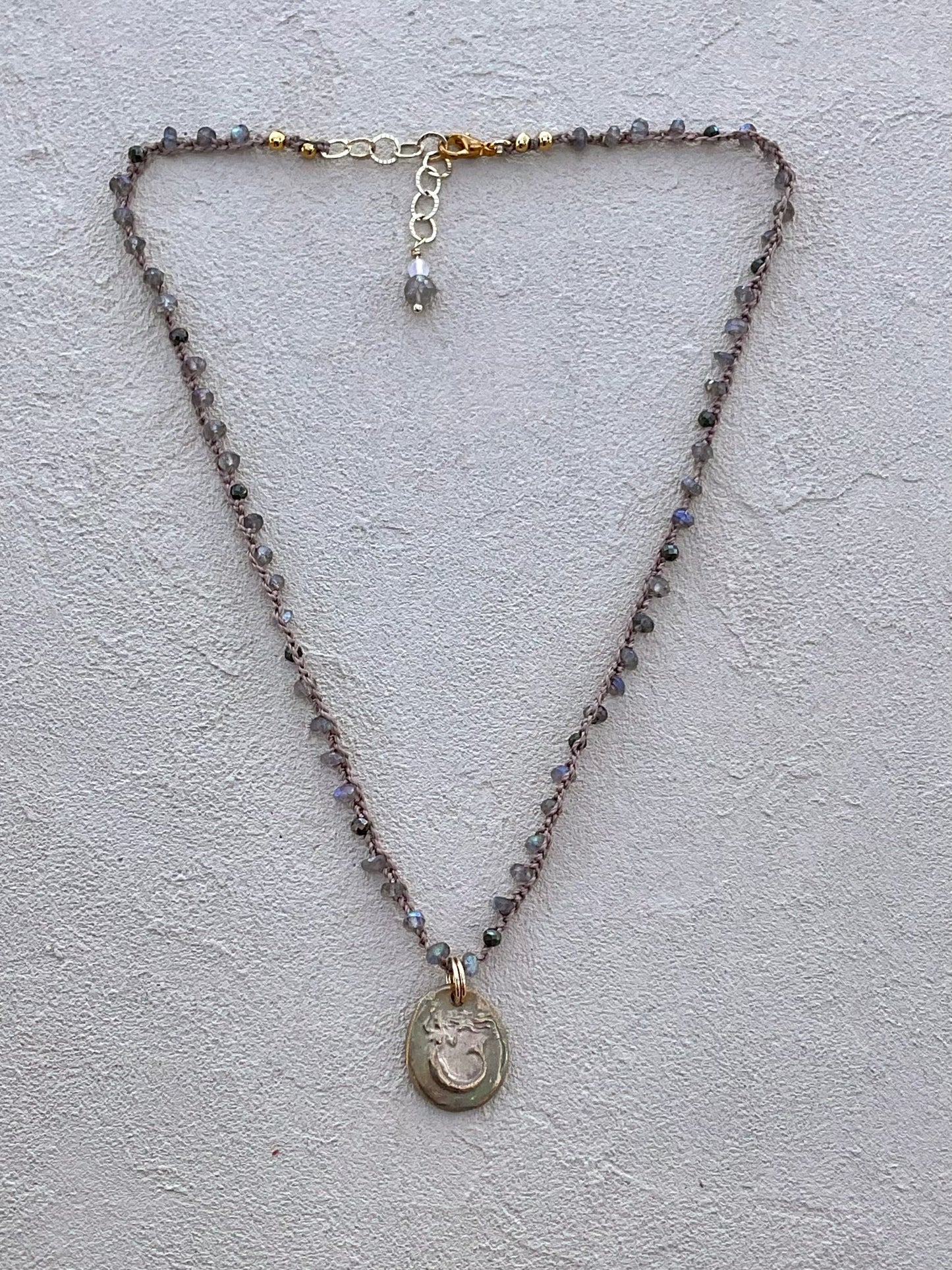 Short Semi-Precious Stone Necklaces- Bronze Pendants (Assortment) Heidi Duran Inventory Swimming Mermaid : Labradorite and Pyrite (16")