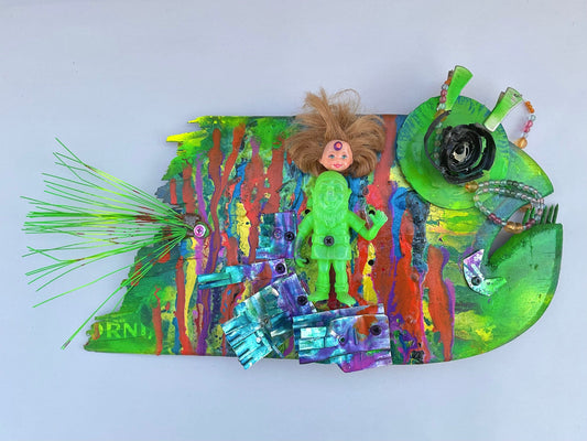 Skateboard Fish - Eco/Mixed Media Art Rodrigo Consignment Green Gnome Rainbow Angler Fish : 18" x 10" x 2.5"