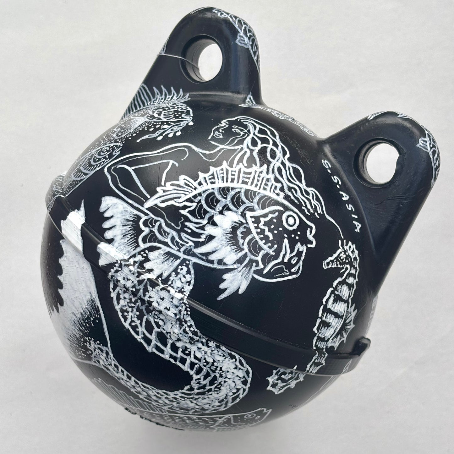Small Buoys with Mermaids and Halibuts 5" Magdalena Consignment Black and White Mermaid Buoy