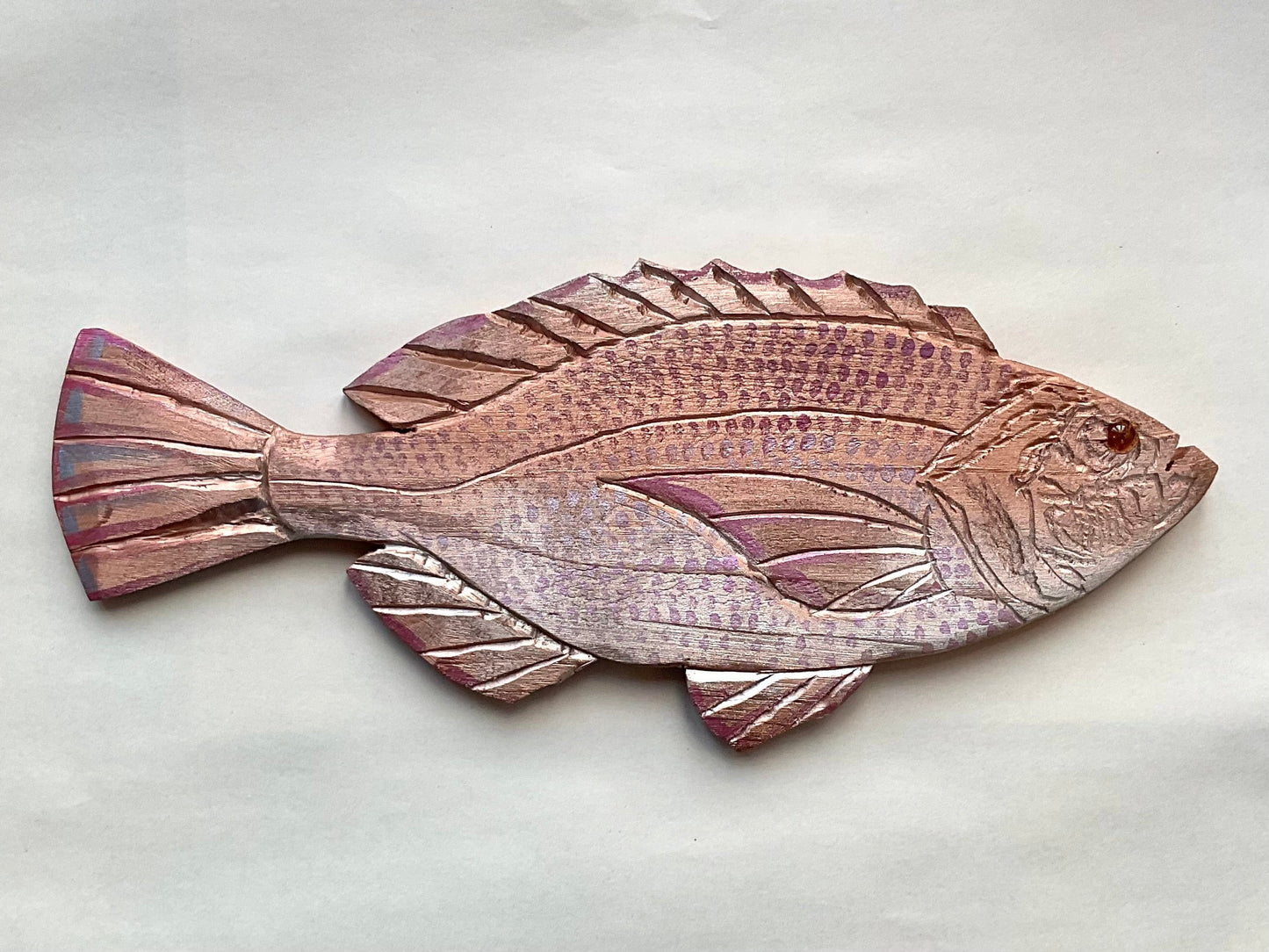 Small/ Medium Wooden Fish by Daniel Daniel Floyd Consignment Copper Bass : 17" x 7" .5" (redwood)
