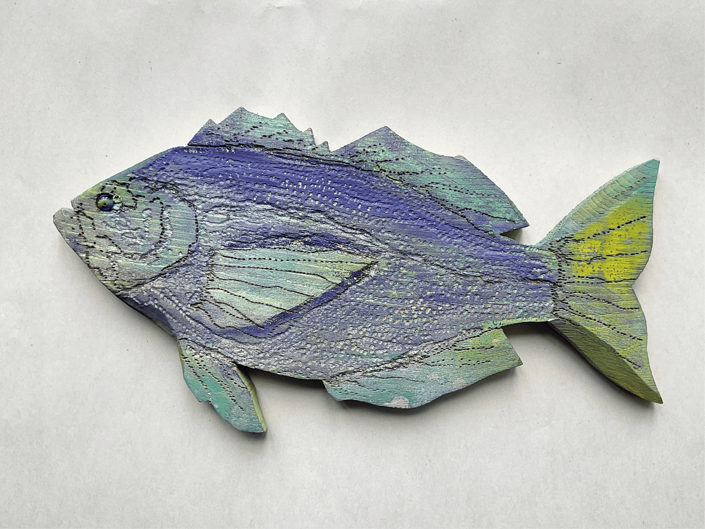 Small/ Medium Wooden Fish by Daniel Daniel Floyd Consignment Purple-Green : 10" x 5.5" x .5"