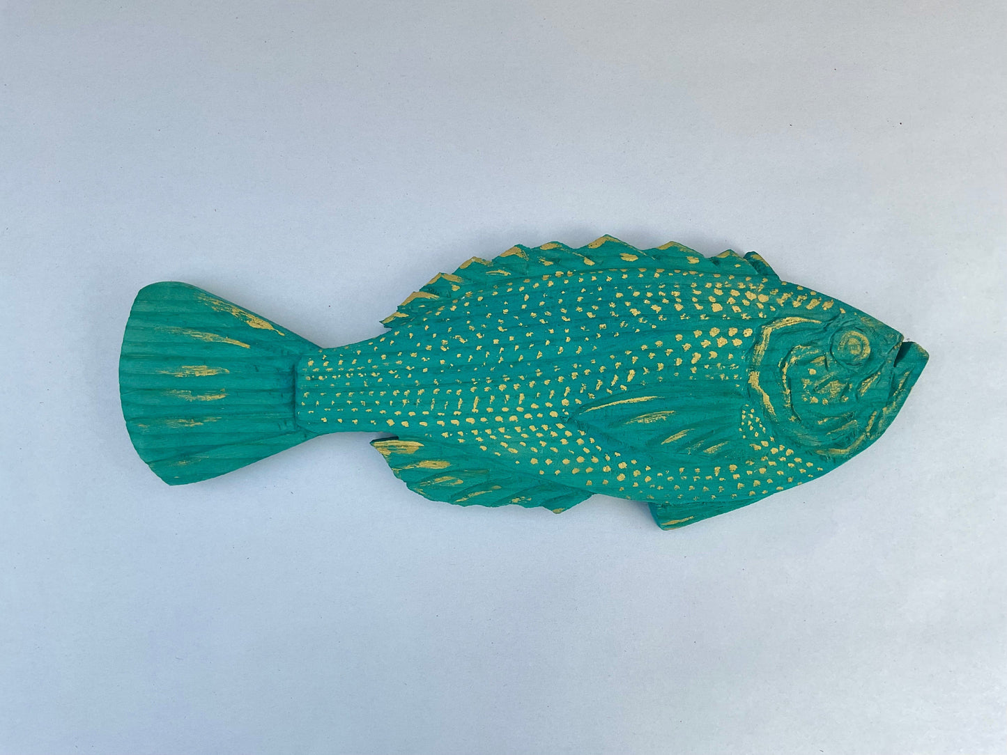 Small/ Medium Wooden Fish by Daniel Daniel Floyd Consignment Teal-Blue with gold scales : 13" X 5" x .5"
