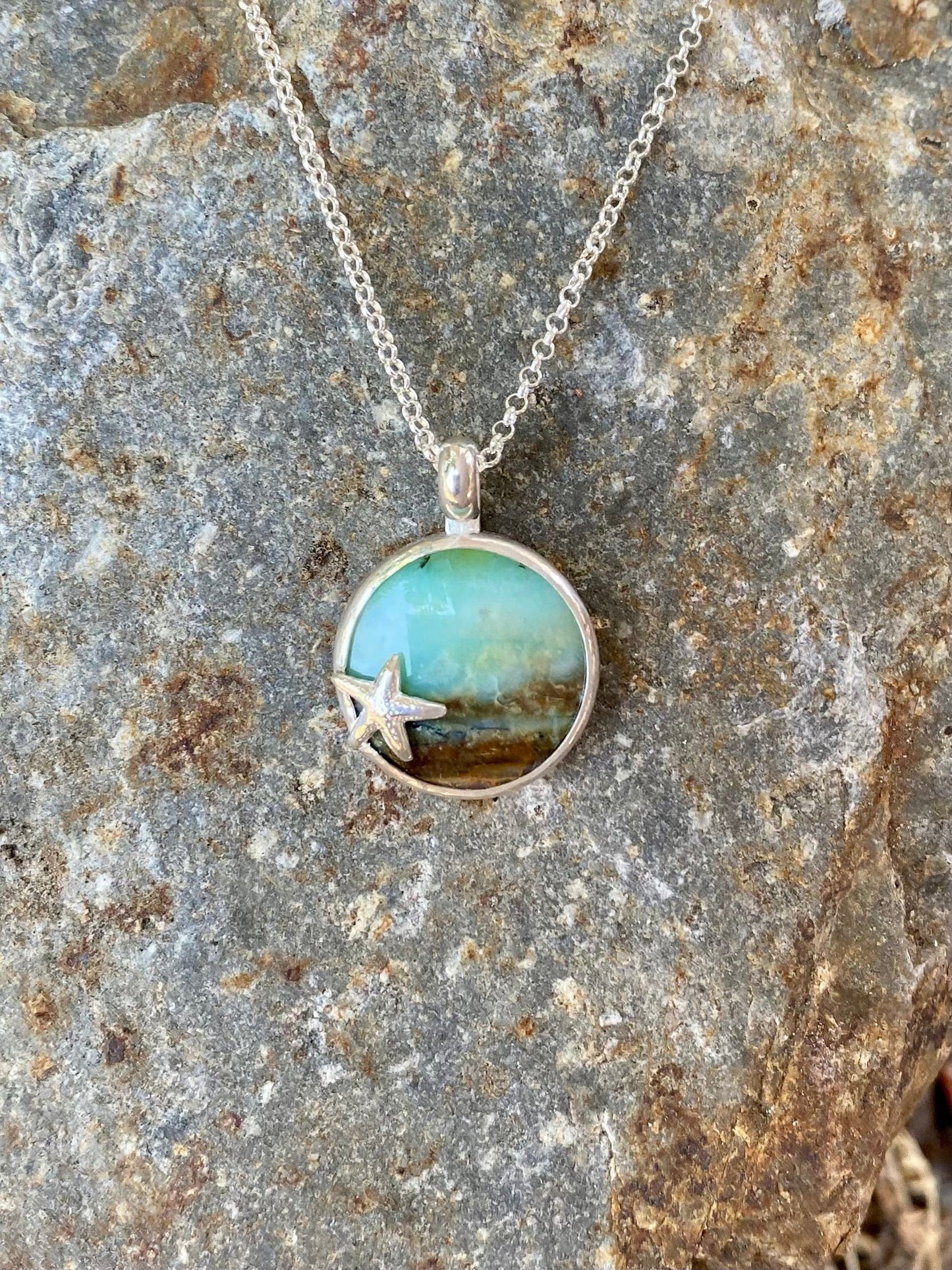 Small Opalized Wood Beach Scene - Sterling Silver Necklace Amy Jahn Consignment Dark Colored Stone
