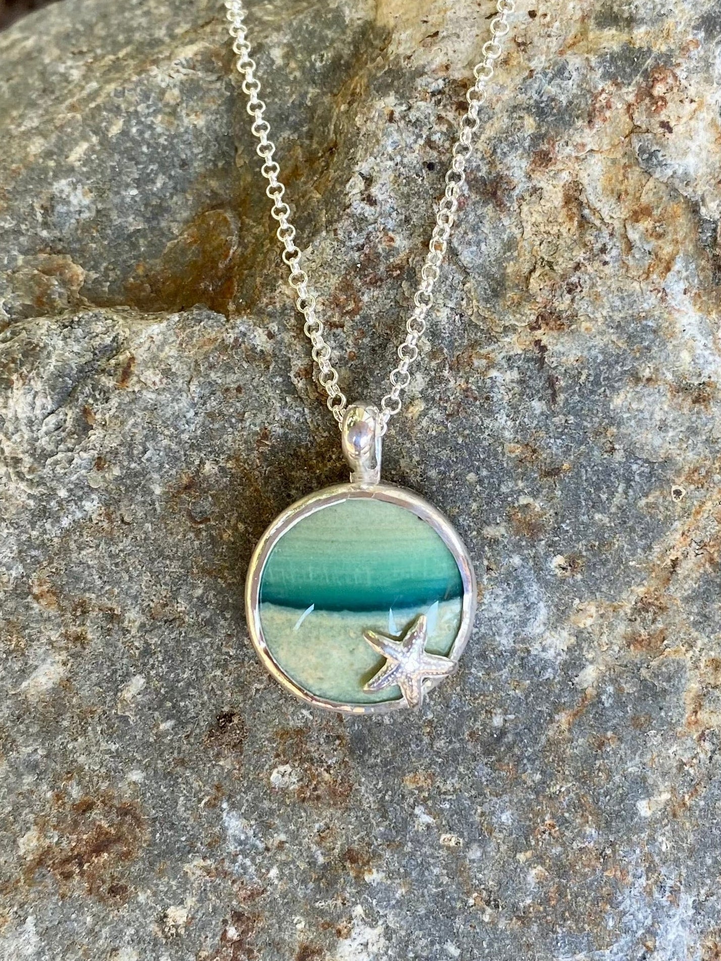 Small Opalized Wood Beach Scene - Sterling Silver Necklace Amy Jahn Consignment Light Colored Stone